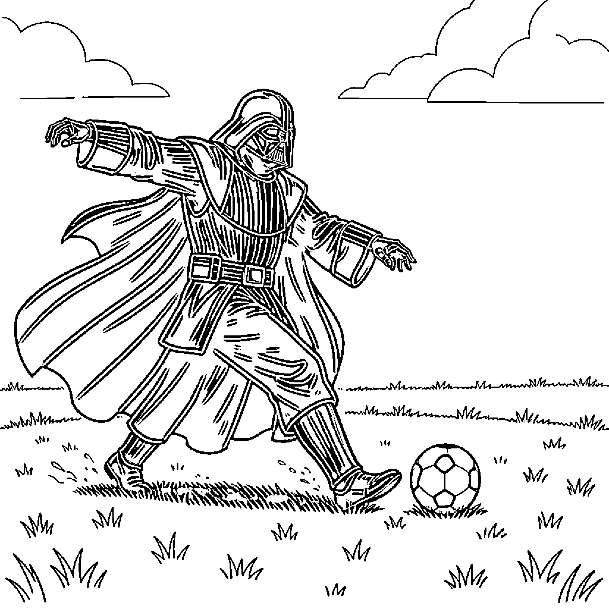 Darth Vader playing soccer in a grassy field Coloring Page (free black-and-white line drawing printable PDF for all, from beginners to advanced learners, including children, teens, adults, and seniors)