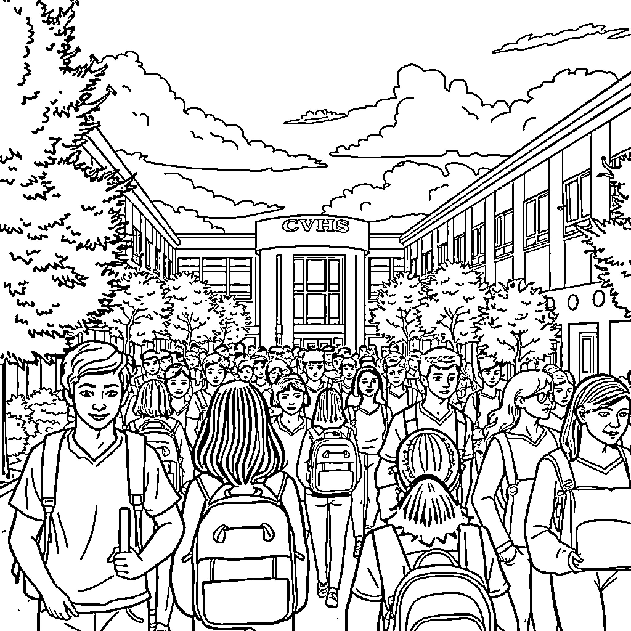 CVHS Campus Scene with Diverse Student Body Coloring Page (free black-and-white line drawing printable PDF for all, from beginners to advanced learners, including children, teens, adults, and seniors)