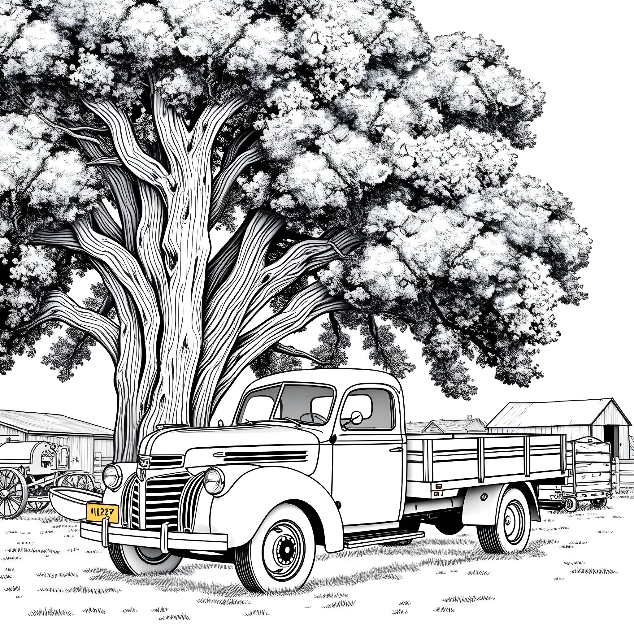 Flatbed truck under a snowy tree Coloring Page (free black-and-white line drawing printable PDF for all, from beginners to advanced learners, including children, teens, adults, and seniors)