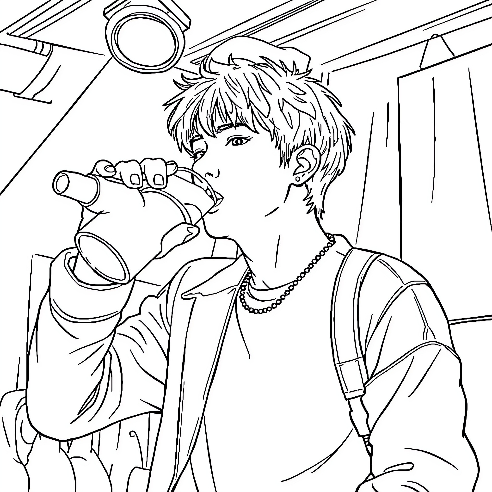 Chanteur performing on stage with microphone Coloring Page (free black-and-white line drawing printable PDF for all, from beginners to advanced learners, including children, teens, adults, and seniors)