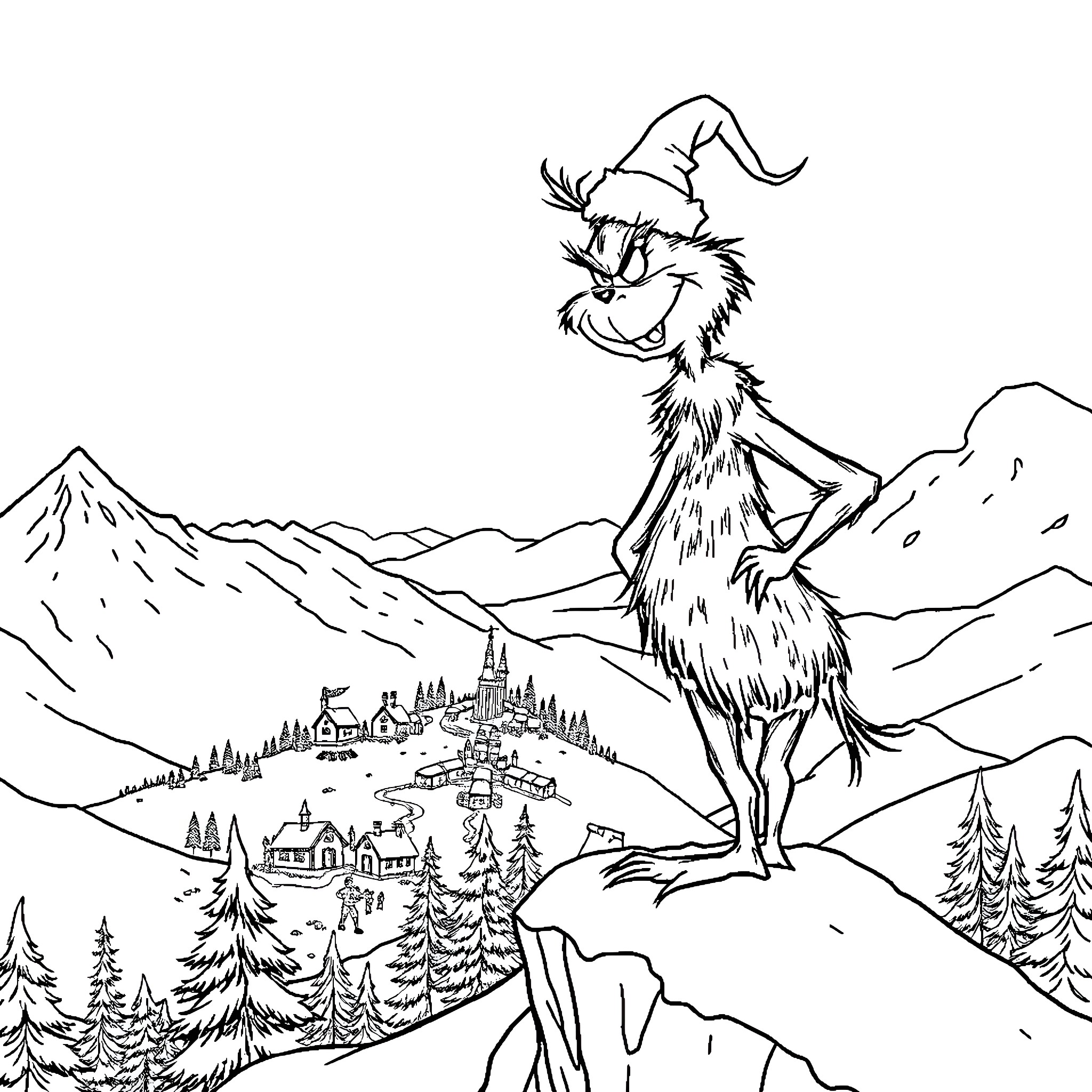 Grinch's Mischievous Antics in the Snowy Wonderland Coloring Page (free black-and-white line drawing printable PDF for all, from beginners to advanced learners, including children, teens, adults, and seniors)