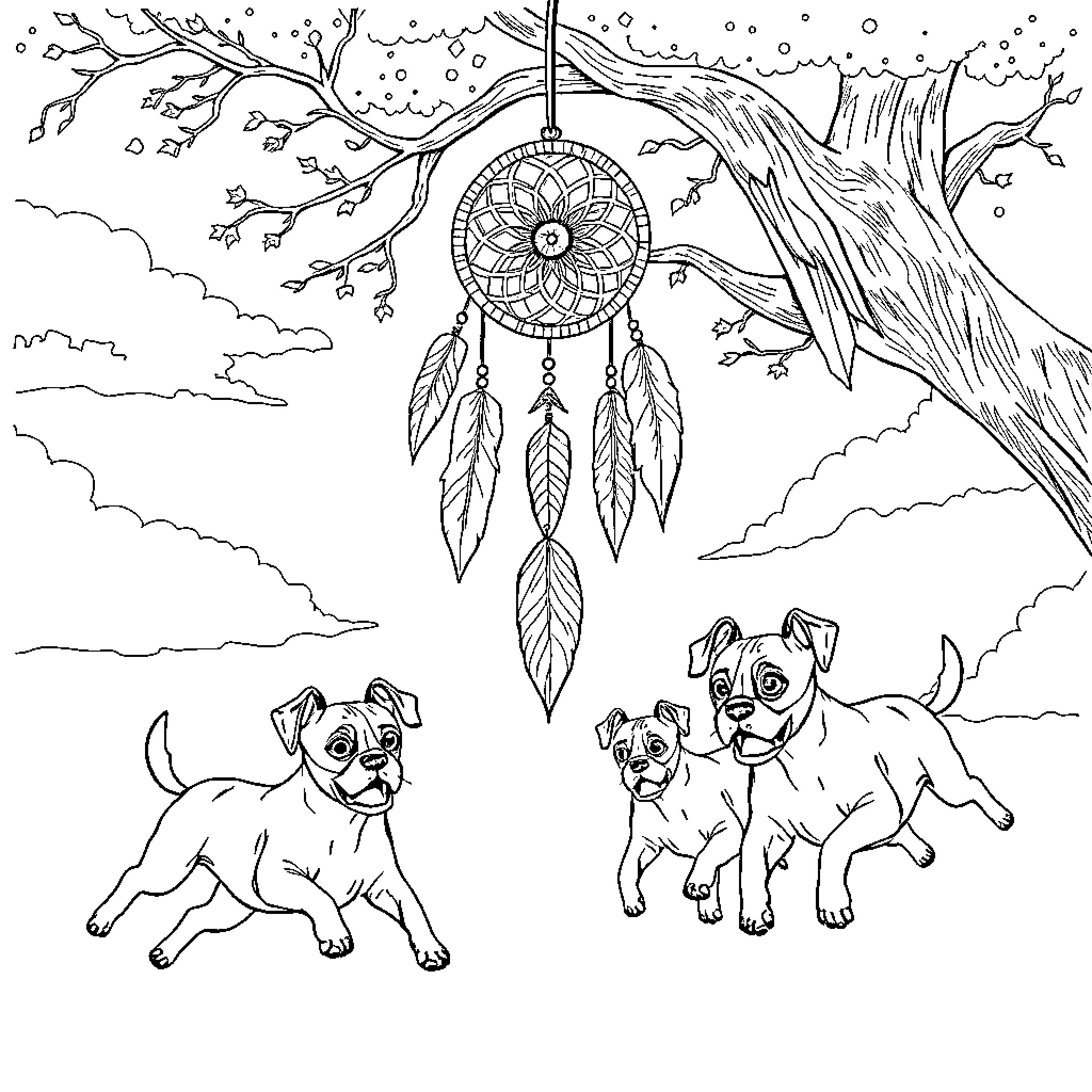 Dream Catcher Bringing Joy to Playful Pups Coloring Page (free black-and-white line drawing printable PDF for all, from beginners to advanced learners, including children, teens, adults, and seniors)