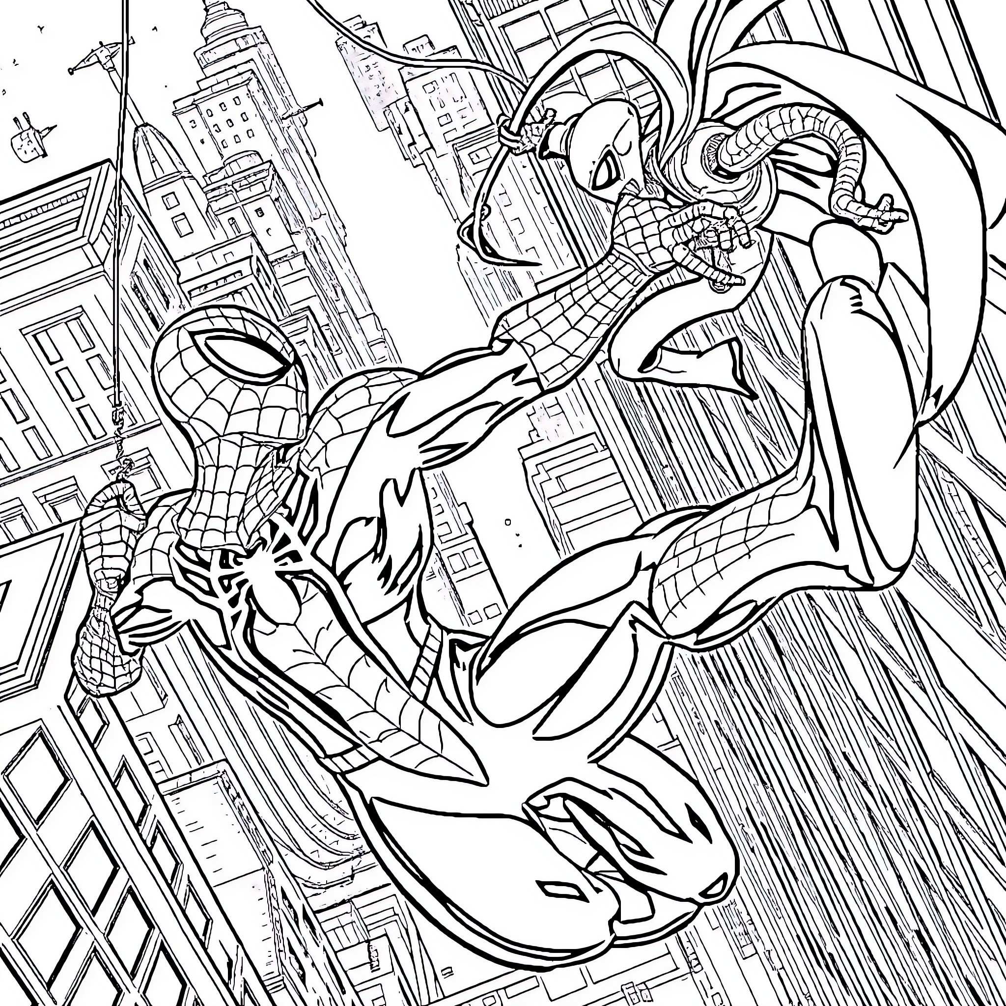 Spider-Man swinging through the city skyline Coloring Page (free black-and-white line drawing printable PDF for all, from beginners to advanced learners, including children, teens, adults, and seniors)