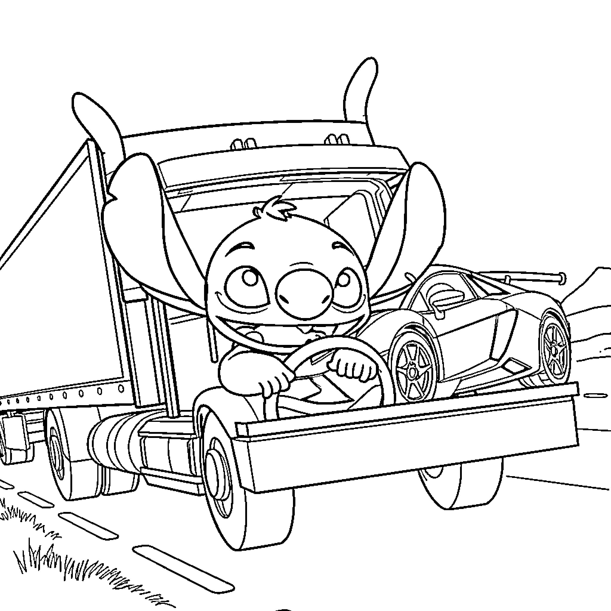 Stitch riding a quirky vehicle Coloring Page (free black-and-white line drawing printable PDF for all, from beginners to advanced learners, including children, teens, adults, and seniors)
