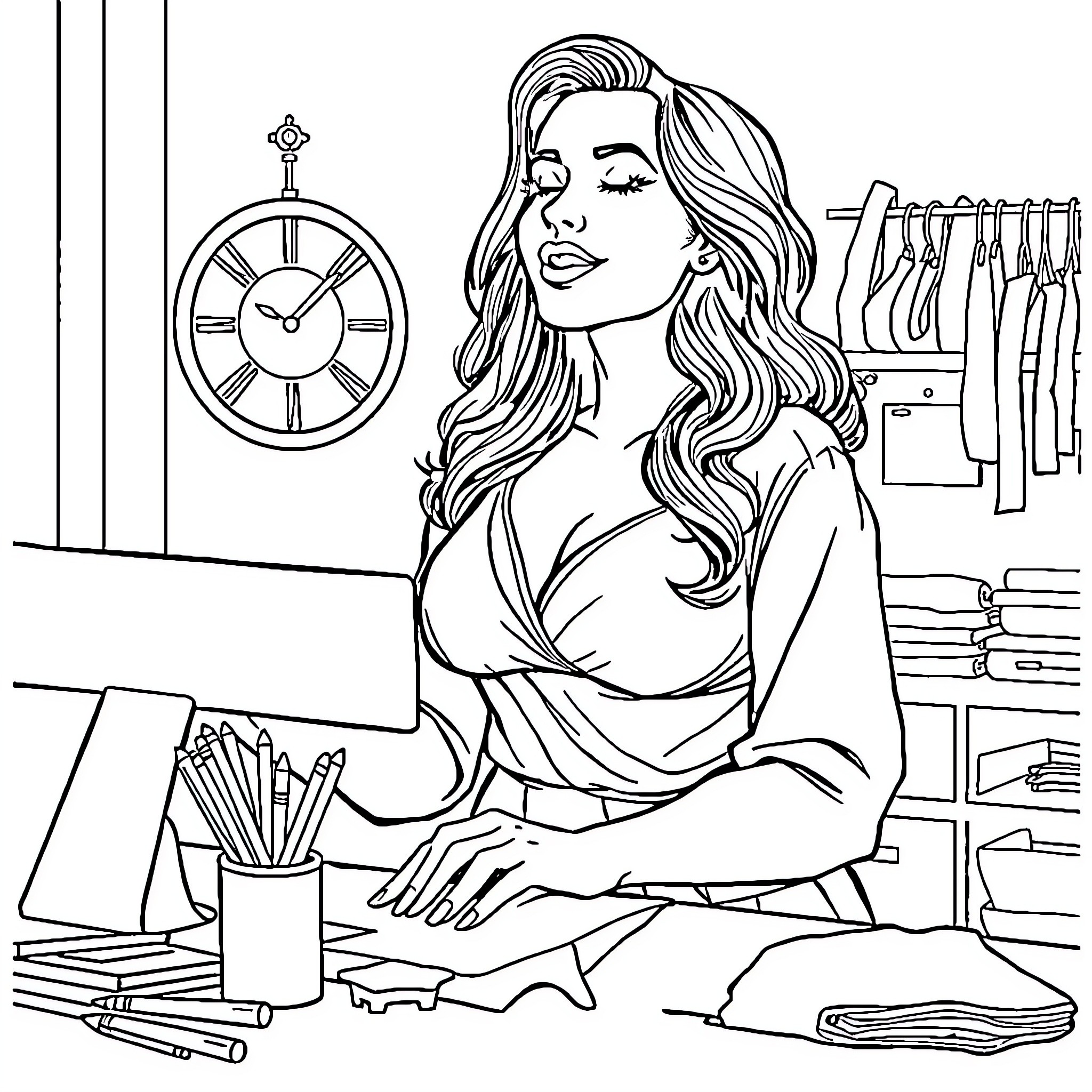 Woman sitting at her desk in deep thought Coloring Page (free black-and-white line drawing printable PDF for all, from beginners to advanced learners, including children, teens, adults, and seniors)