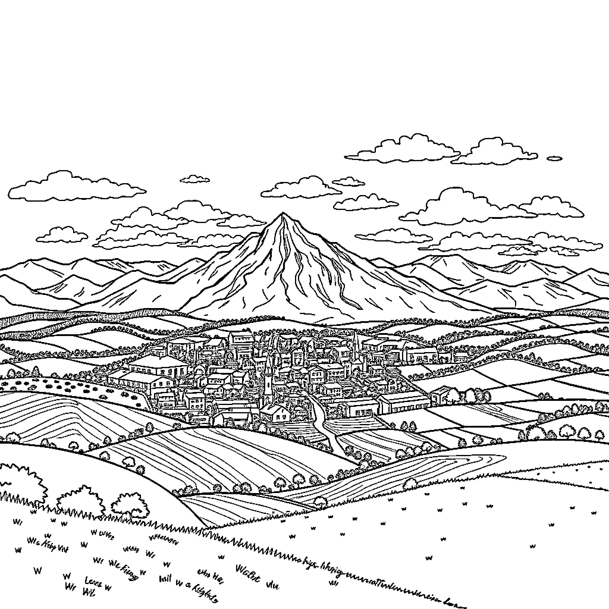 Farm Landscape with Mountainous Horizon Coloring Page (free black-and-white line drawing printable PDF for all, from beginners to advanced learners, including children, teens, adults, and seniors)