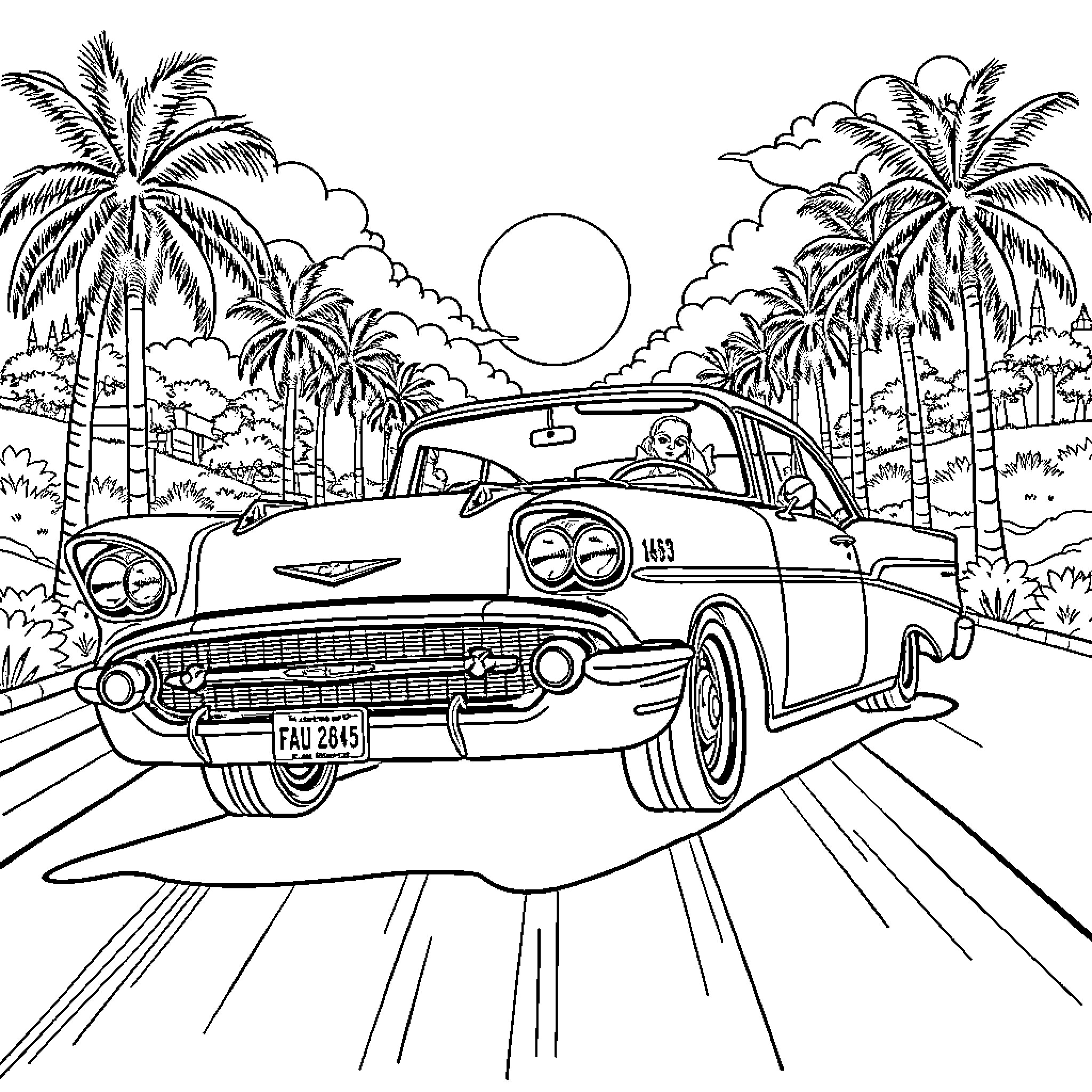 Lowrider cruising down palm-lined road Coloring Page (free black-and-white line drawing printable PDF for all, from beginners to advanced learners, including children, teens, adults, and seniors)