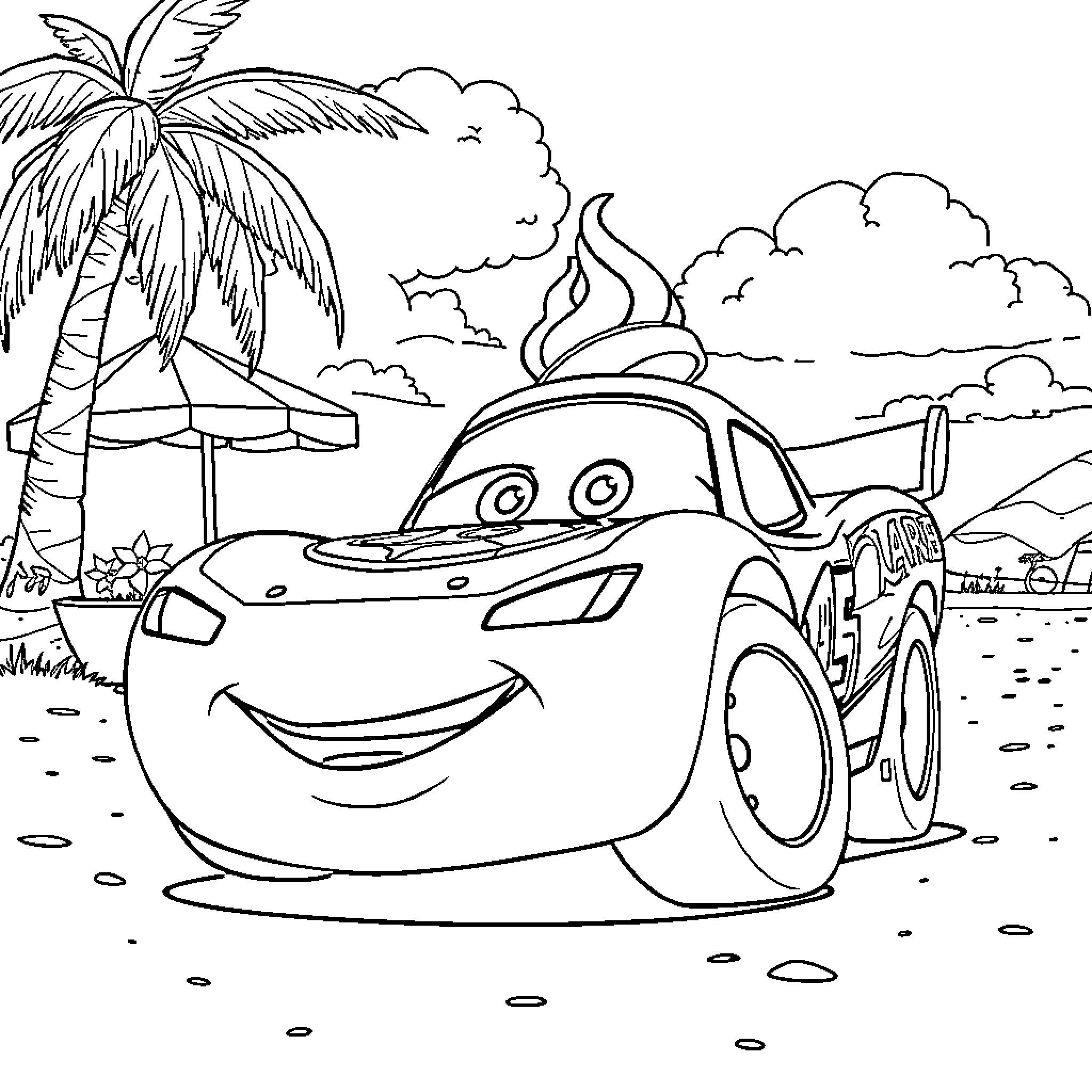Rayo McQueen on a tropical adventure Coloring Page (free black-and-white line drawing printable PDF for all, from beginners to advanced learners, including children, teens, adults, and seniors)