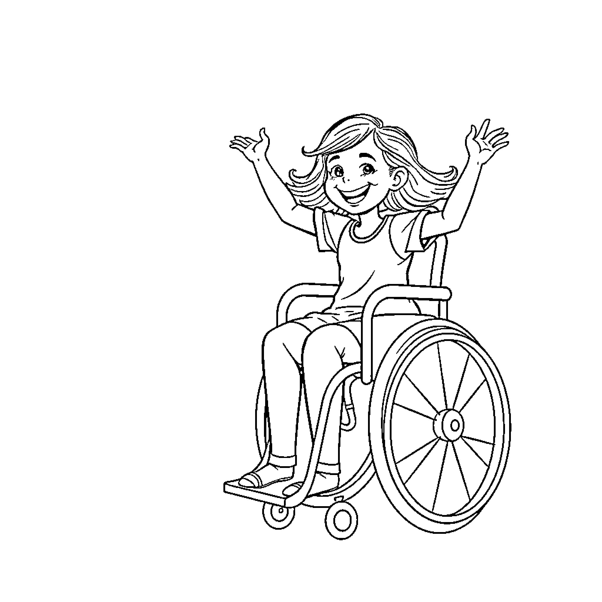 Girl in Wheelchair Cheerfully Raising Arms Coloring Page (free black-and-white line drawing printable PDF for all, from beginners to advanced learners, including children, teens, adults, and seniors)