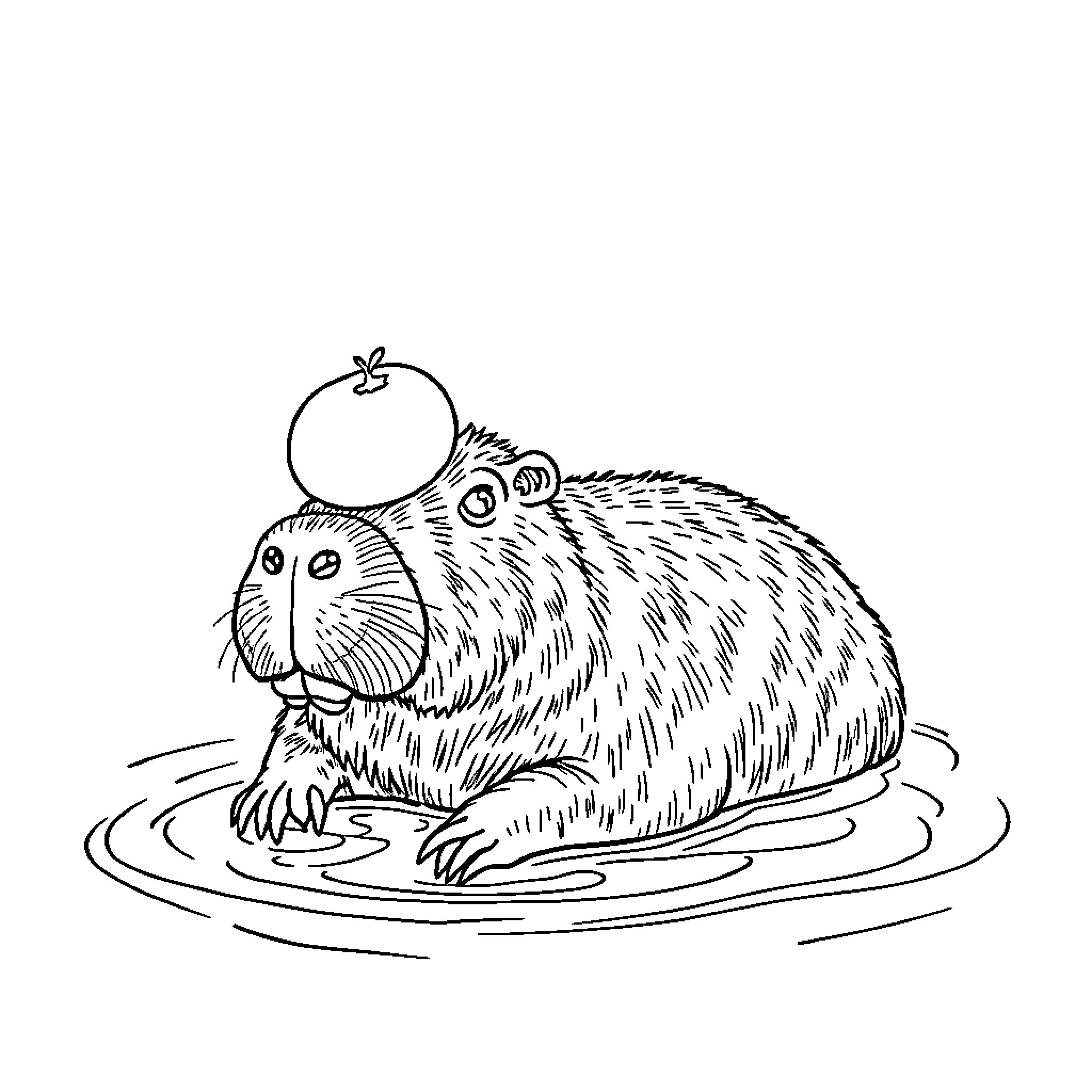 Capybara relaxing in the water Coloring Page (free black-and-white line drawing printable PDF for all, from beginners to advanced learners, including children, teens, adults, and seniors)
