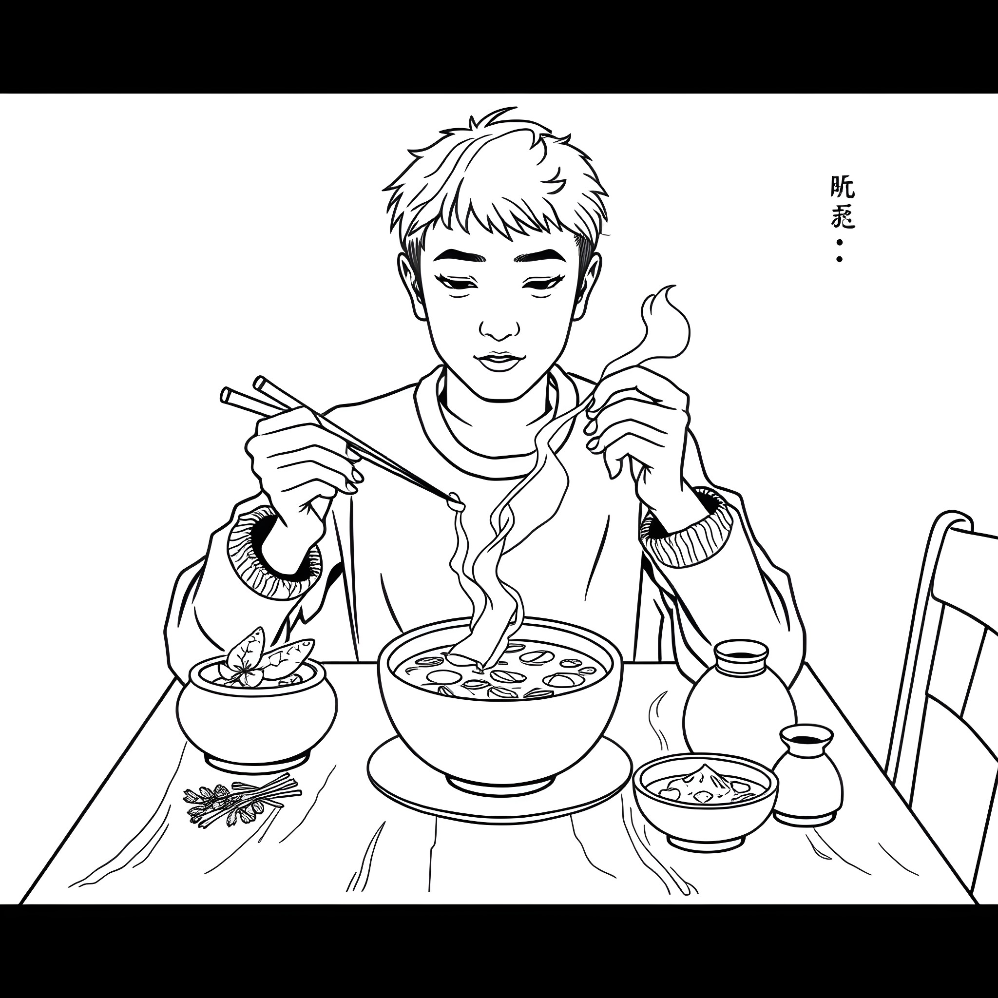 Person enjoying a hot meal at the table Coloring Page (free black-and-white line drawing printable PDF for all, from beginners to advanced learners, including children, teens, adults, and seniors)
