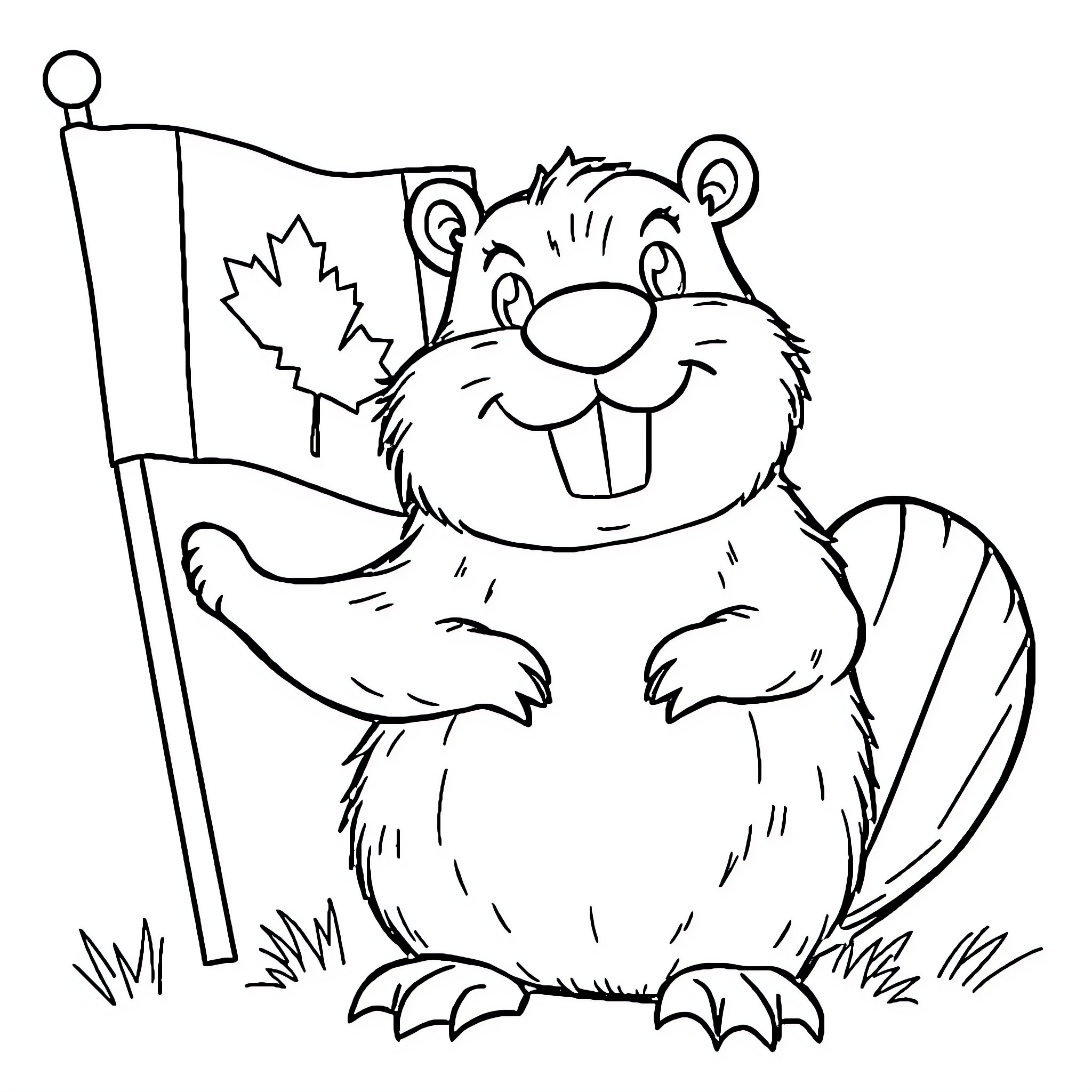 Beaver holding a Canadian flag happily Coloring Page (free black-and-white line drawing printable PDF for all, from beginners to advanced learners, including children, teens, adults, and seniors)