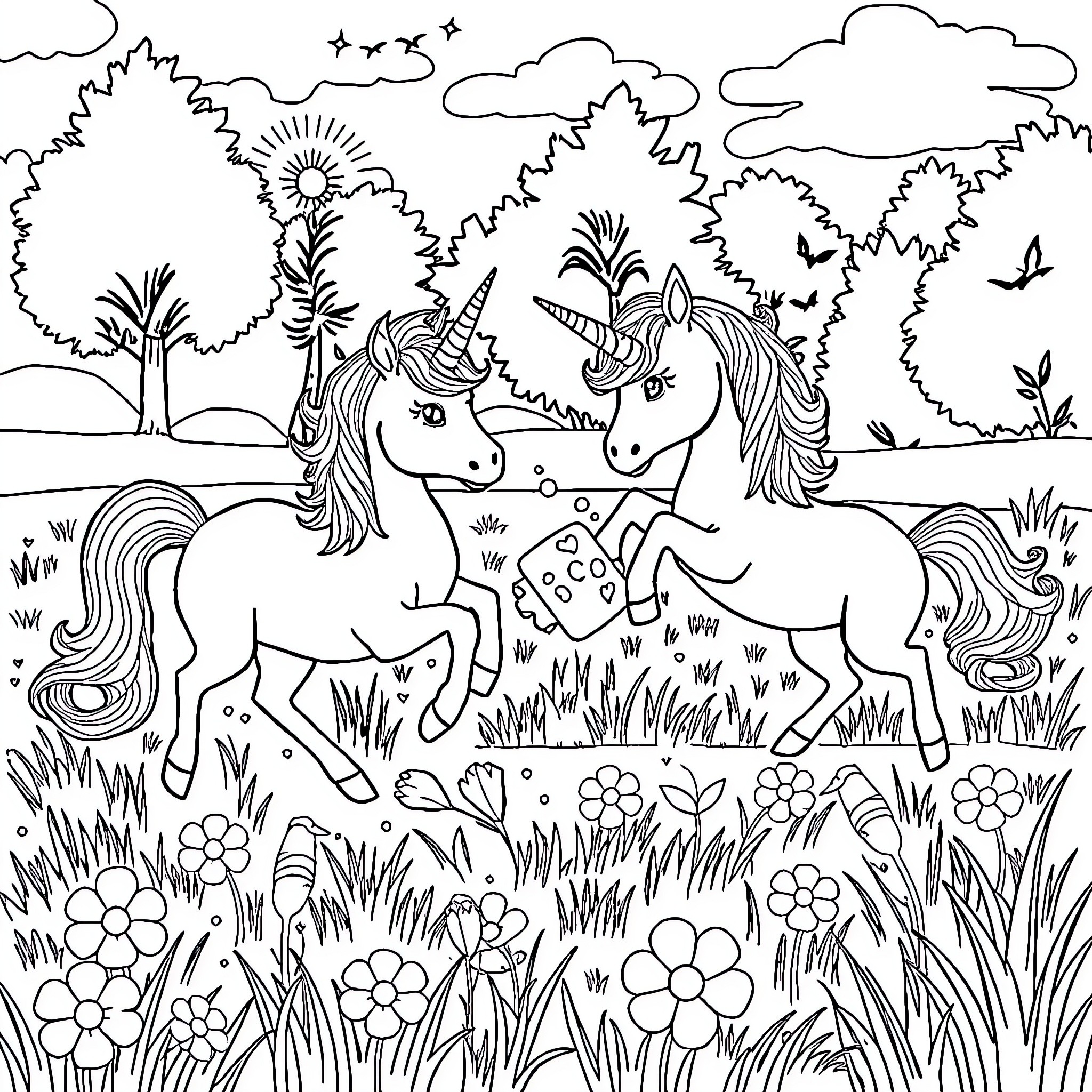 Unicorn pair frolicking in enchanted meadow Coloring Page (free black-and-white line drawing printable PDF for all, from beginners to advanced learners, including children, teens, adults, and seniors)