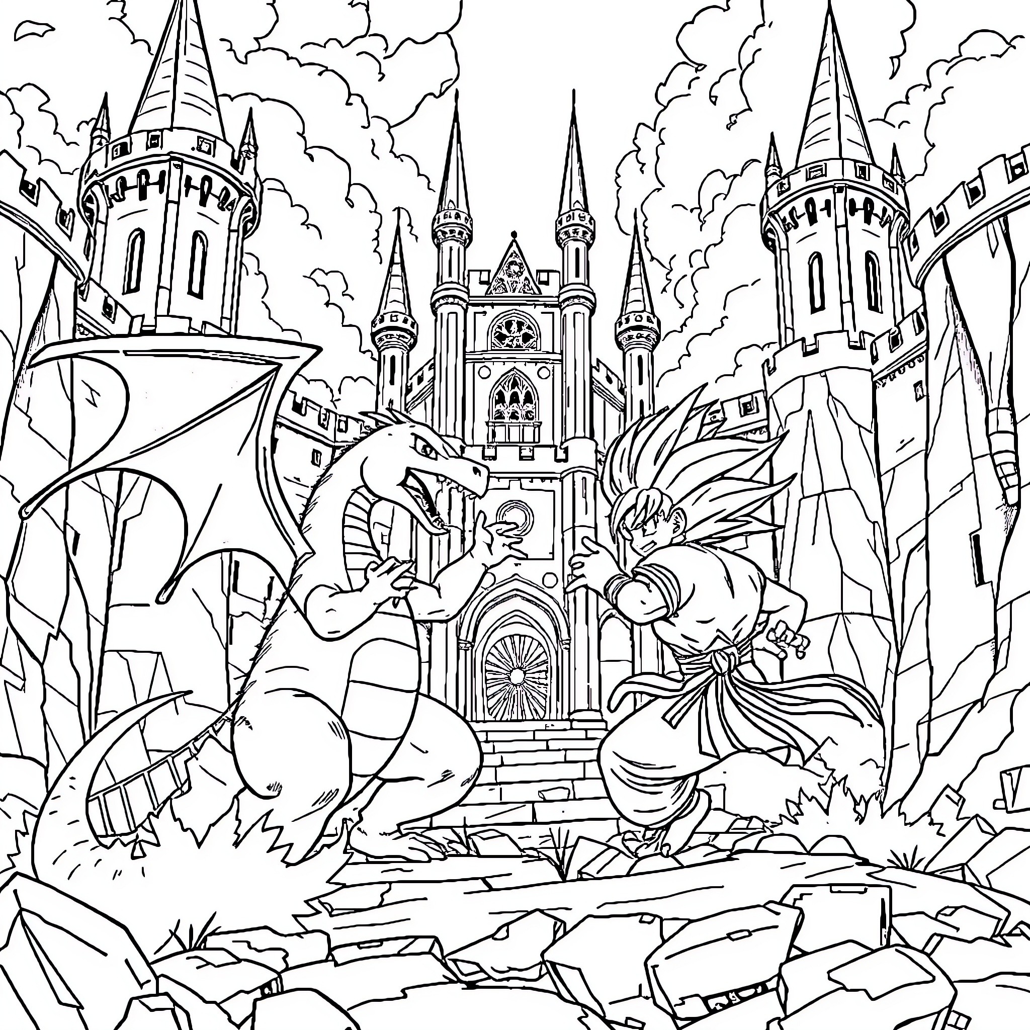 Charizard battling at the fantasy castle Coloring Page (free black-and-white line drawing printable PDF for all, from beginners to advanced learners, including children, teens, adults, and seniors)