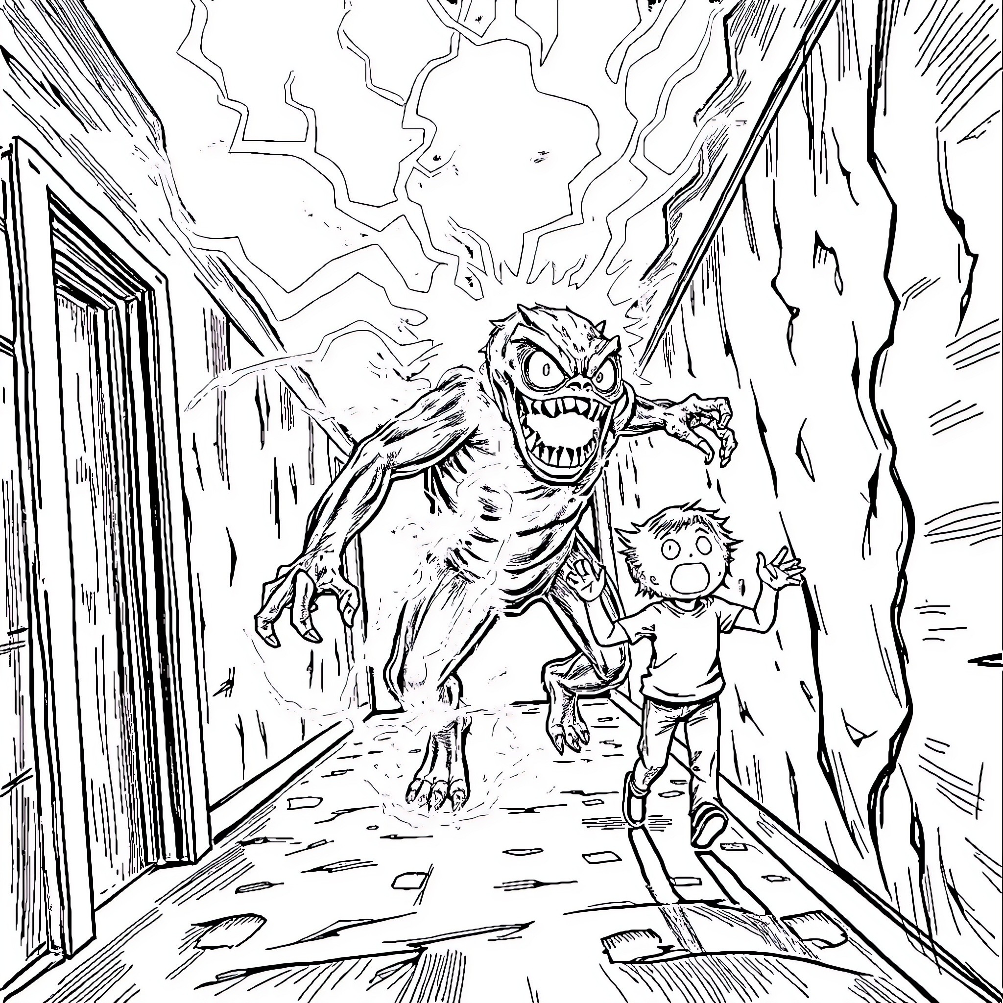 Monster chasing terrified person in dark alley Coloring Page (free black-and-white line drawing printable PDF for all, from beginners to advanced learners, including children, teens, adults, and seniors)