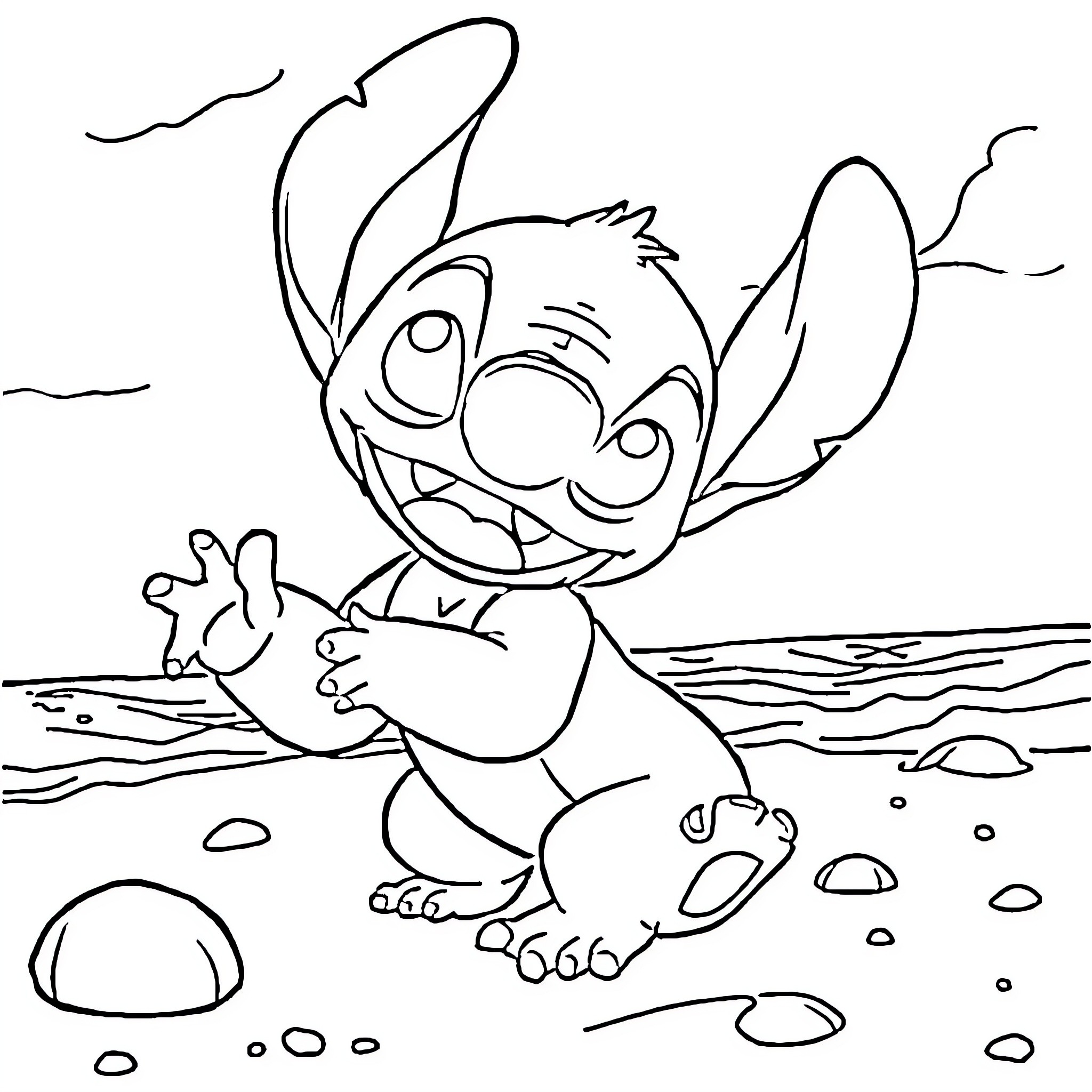 Stitch playing joyfully on the beach Coloring Page (free black-and-white line drawing printable PDF for all, from beginners to advanced learners, including children, teens, adults, and seniors)