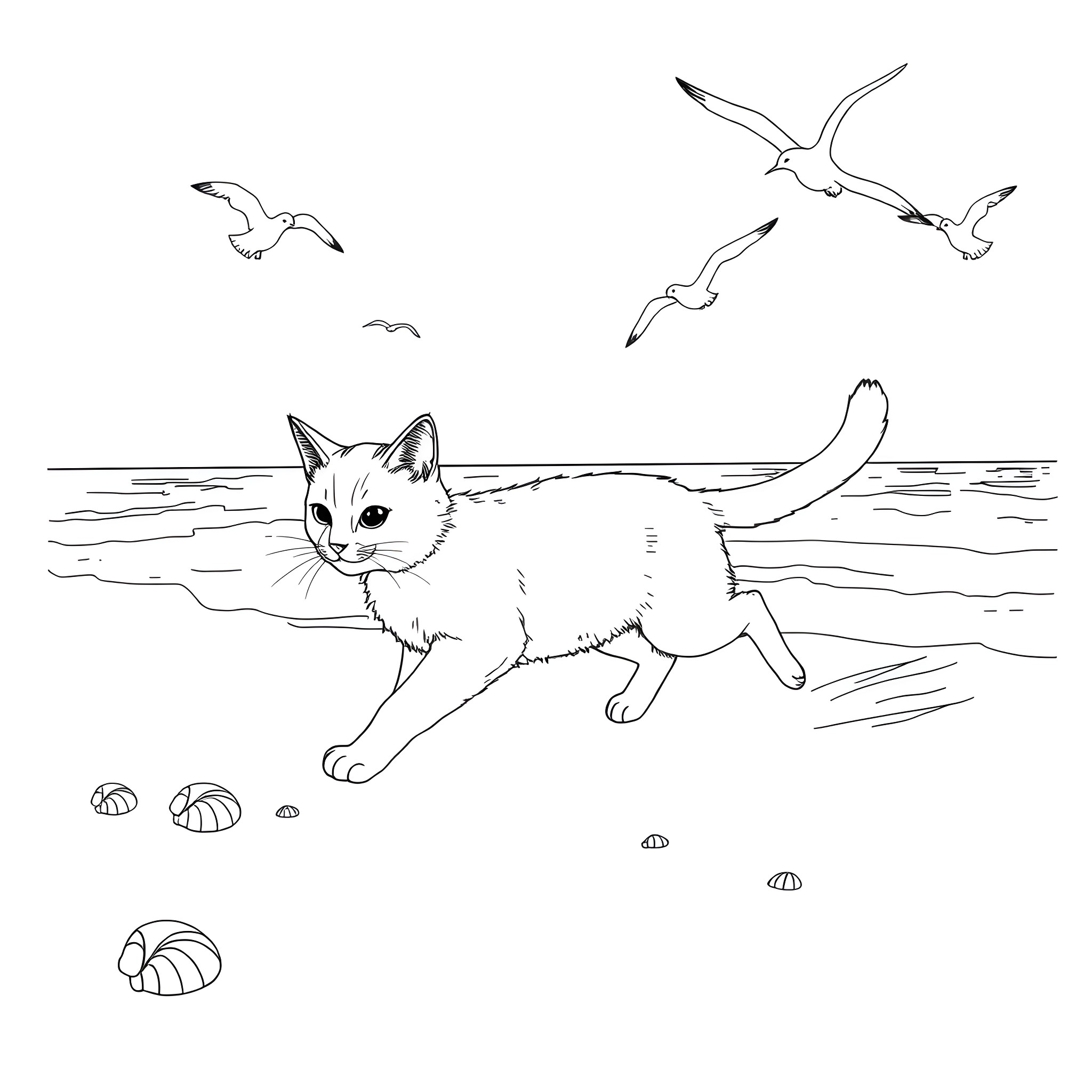 Cat exploring a coastal beach with seagulls Coloring Page (free black-and-white line drawing printable PDF for all, from beginners to advanced learners, including children, teens, adults, and seniors)