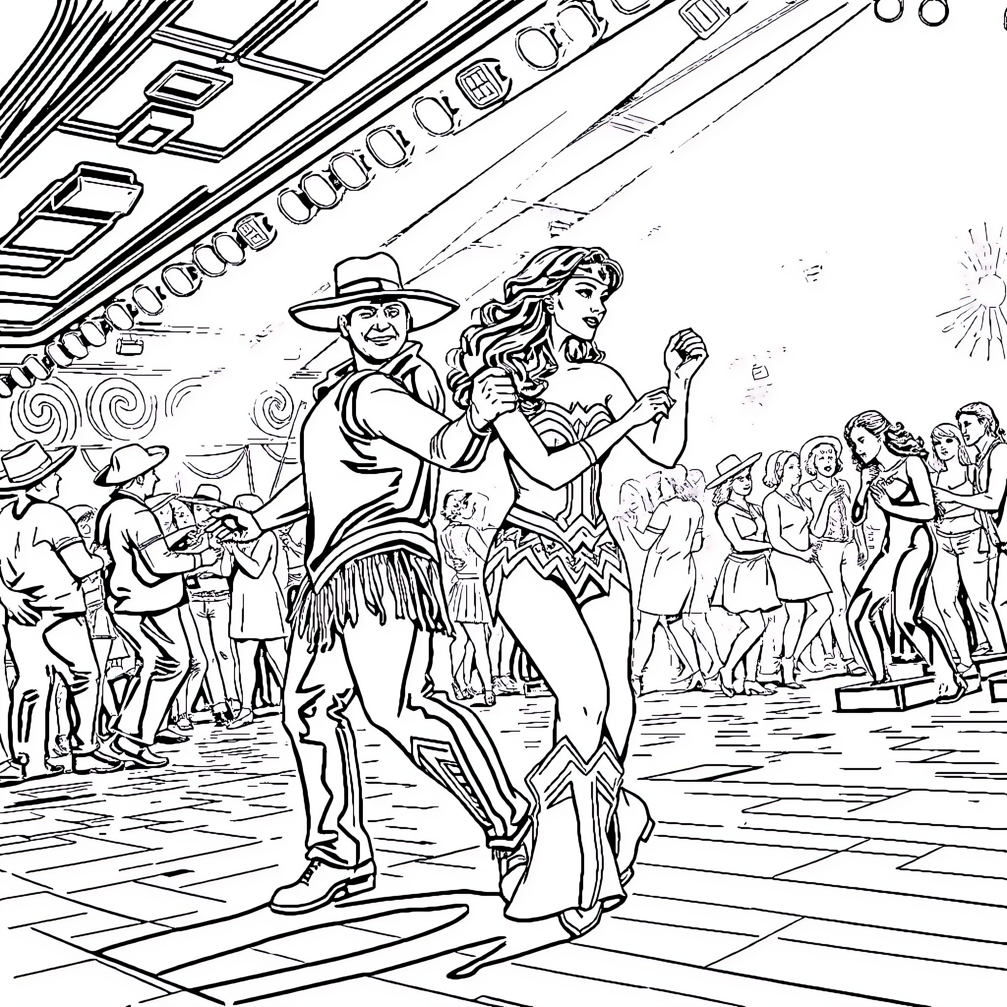 Wonder Woman and Cowboy Dancing at the Festival Coloring Page (free black-and-white line drawing printable PDF for all, from beginners to advanced learners, including children, teens, adults, and seniors)