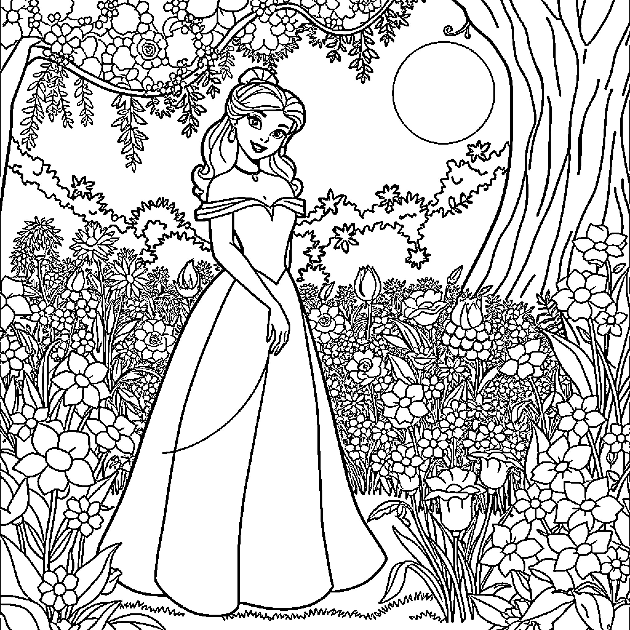 Disney Princess in a Whimsical Floral Garden Coloring Page (free black-and-white line drawing printable PDF for all, from beginners to advanced learners, including children, teens, adults, and seniors)