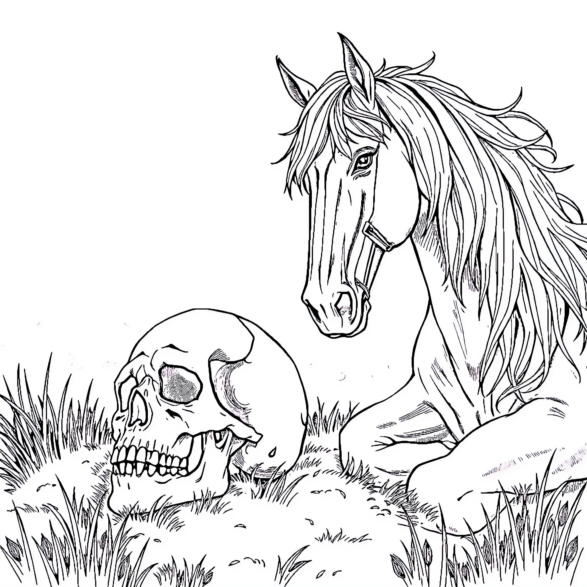 Skull and Majestic Horse in Grassy Meadow Coloring Page (free black-and-white line drawing printable PDF for all, from beginners to advanced learners, including children, teens, adults, and seniors)
