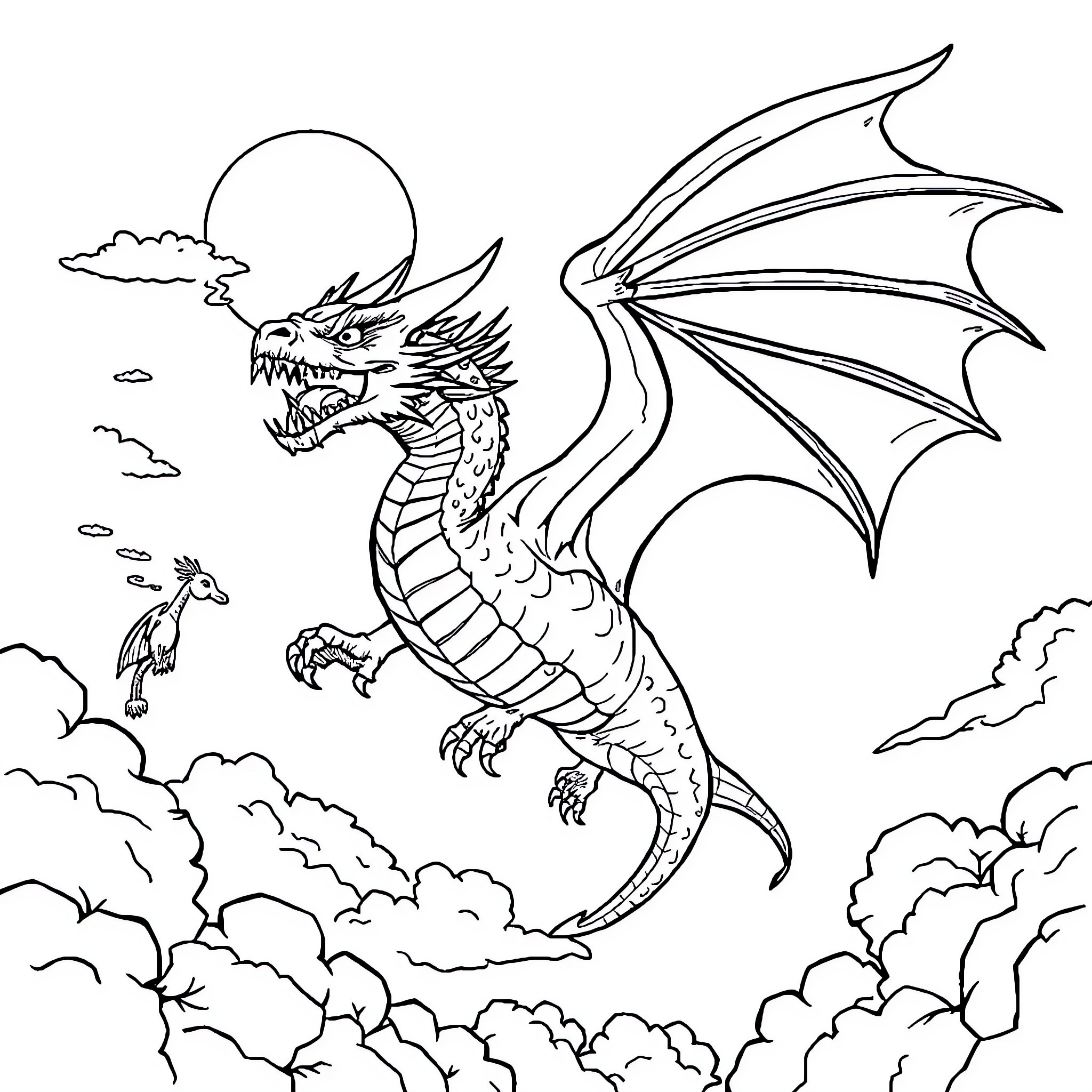 Dragon soaring through the cloudy skies Coloring Page (free black-and-white line drawing printable PDF for all, from beginners to advanced learners, including children, teens, adults, and seniors)