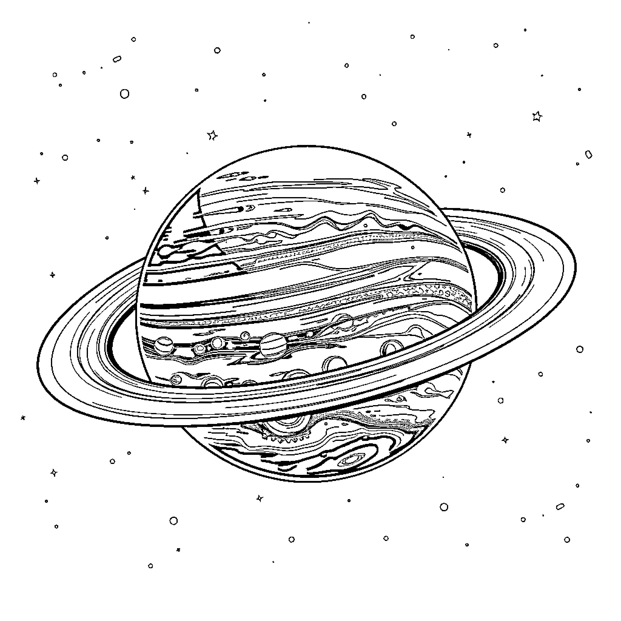 Planet with Cosmic Rings and Stars Coloring Page (free black-and-white line drawing printable PDF for all, from beginners to advanced learners, including children, teens, adults, and seniors)