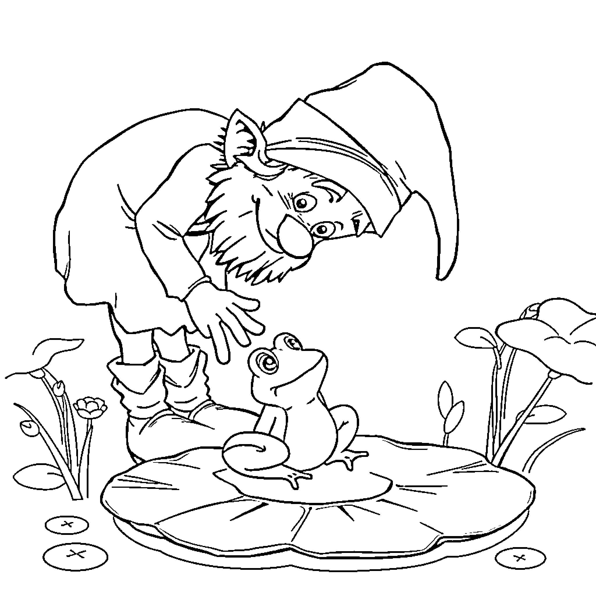 Gnome and frog interacting in a whimsical scene Coloring Page (free black-and-white line drawing printable PDF for all, from beginners to advanced learners, including children, teens, adults, and seniors)