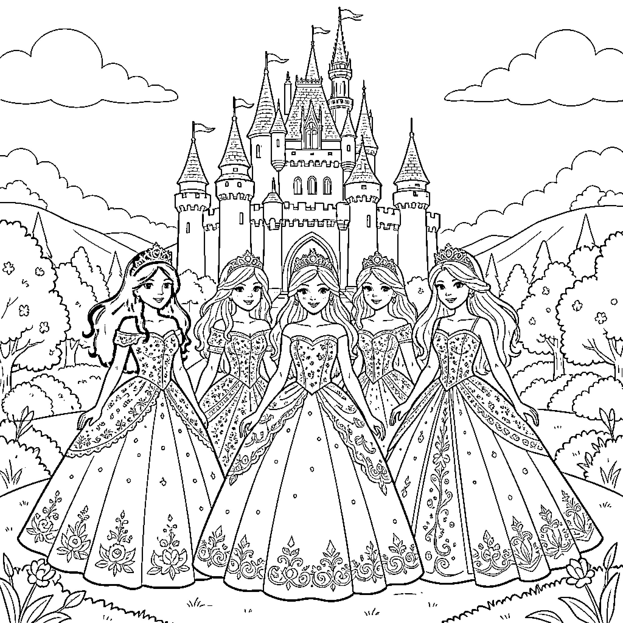 Princess gathering in the enchanted castle courtyard Coloring Page (free black-and-white line drawing printable PDF for all, from beginners to advanced learners, including children, teens, adults, and seniors)