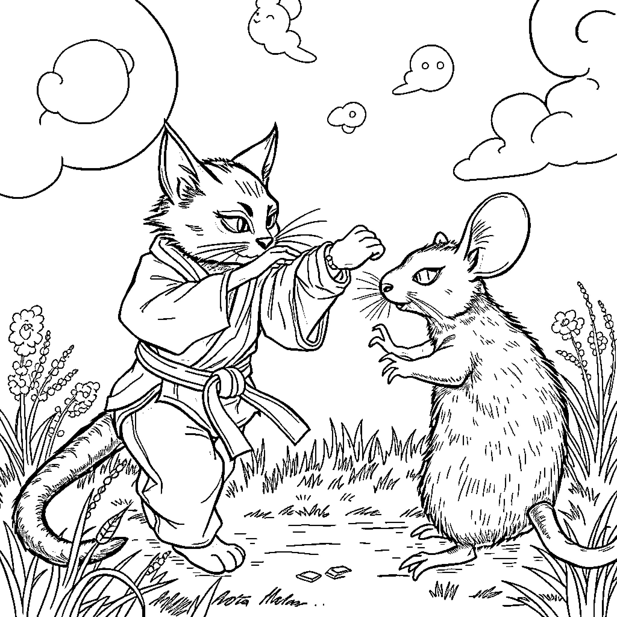 Gato practicing martial arts with mouse Coloring Page (free black-and-white line drawing printable PDF for all, from beginners to advanced learners, including children, teens, adults, and seniors)
