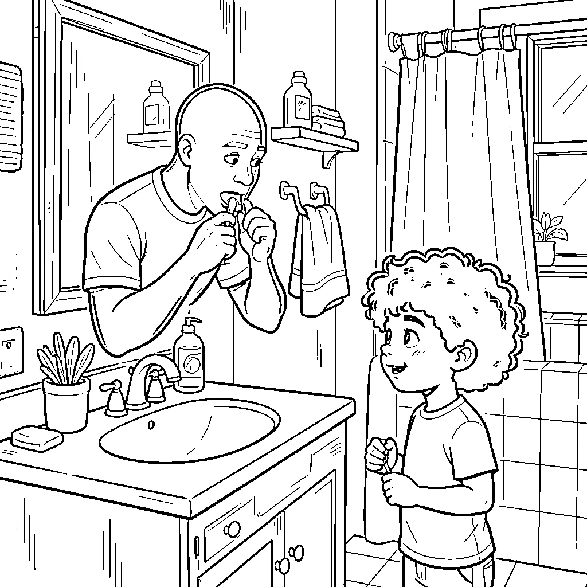 Man Brushing Teeth with Child Watching Coloring Page (free black-and-white line drawing printable PDF for all, from beginners to advanced learners, including children, teens, adults, and seniors)