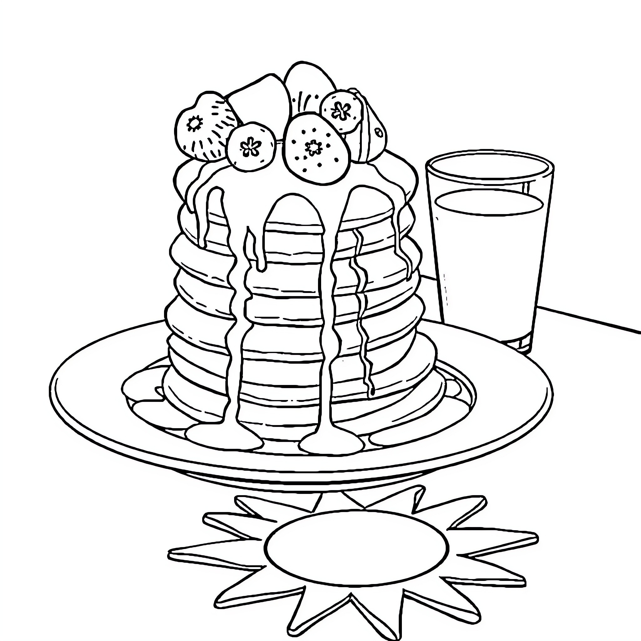 Breakfast of Stacked Pancakes with Fresh Fruit Coloring Page (free black-and-white line drawing printable PDF for all, from beginners to advanced learners, including children, teens, adults, and seniors)