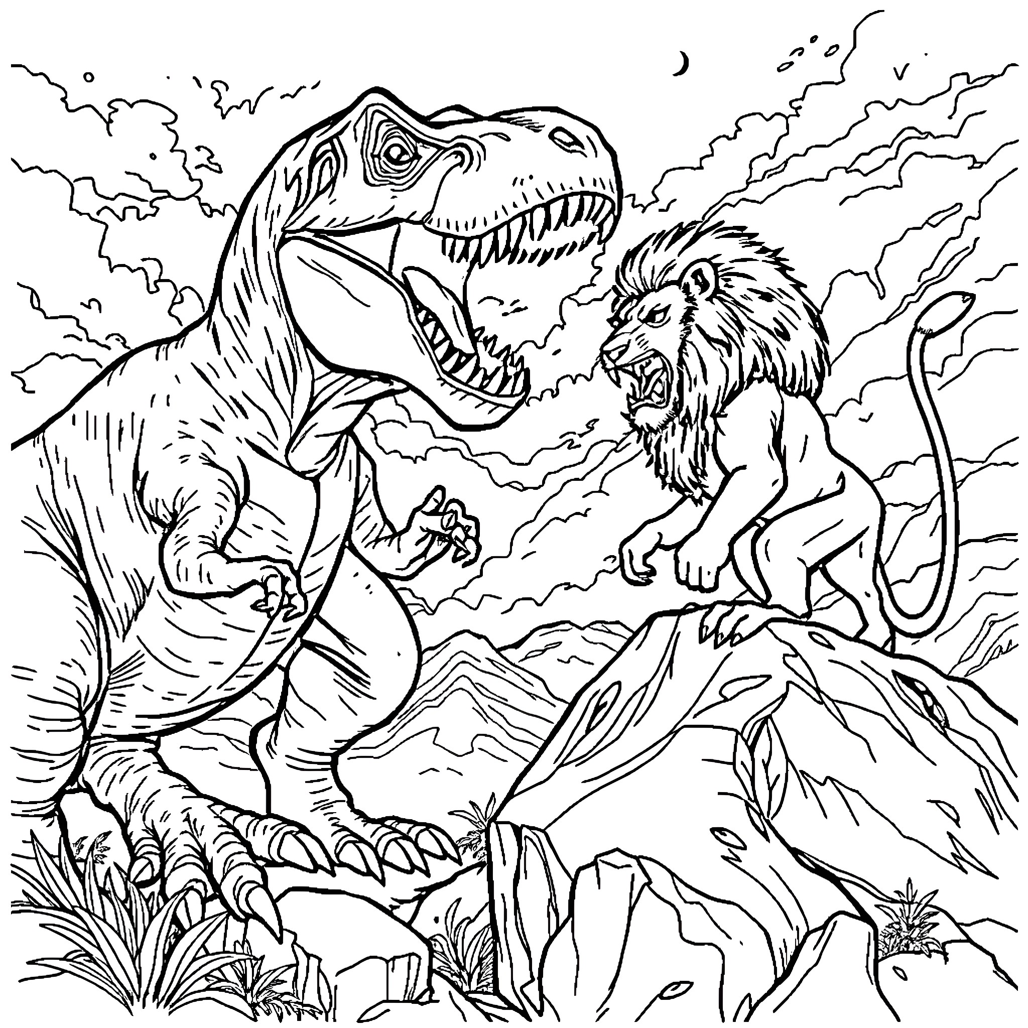 T-Rex facing off against a roaring lion Coloring Page (free black-and-white line drawing printable PDF for all, from beginners to advanced learners, including children, teens, adults, and seniors)