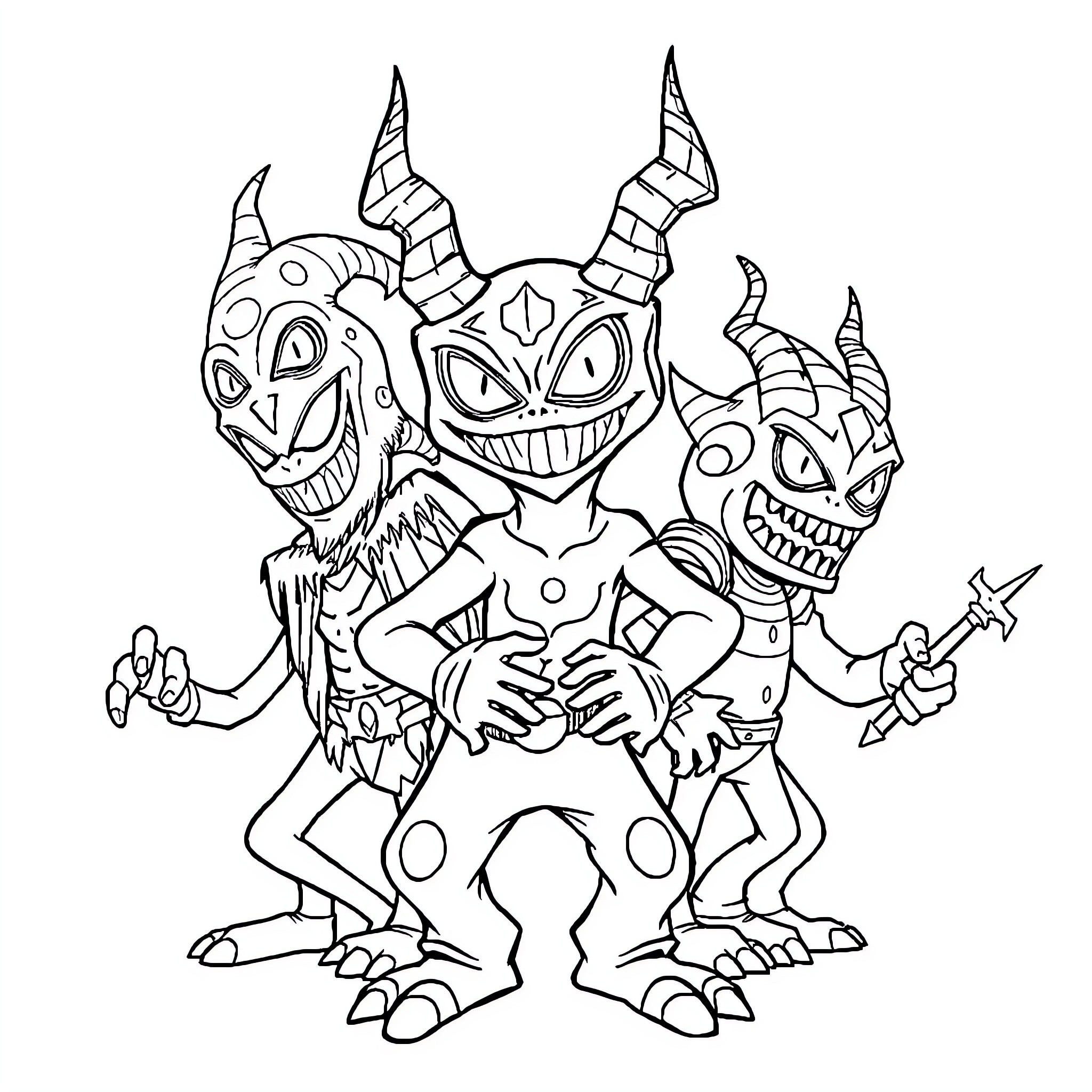 Goojitzu Villain Trio Displaying Mischievous Expressions Coloring Page (free black-and-white line drawing printable PDF for all, from beginners to advanced learners, including children, teens, adults, and seniors)