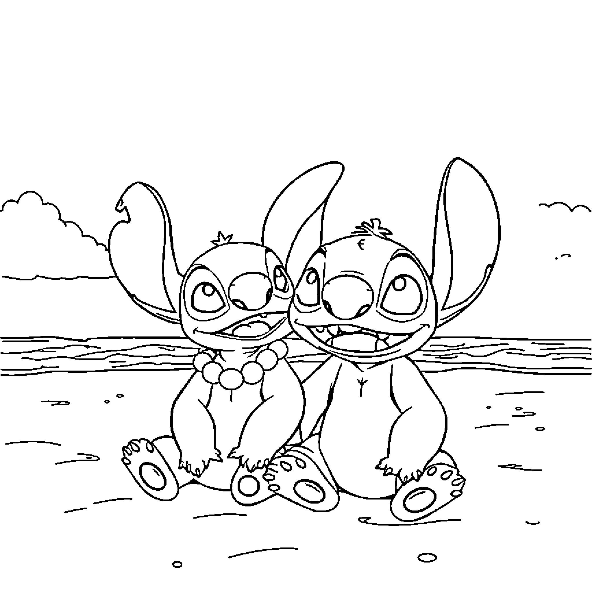 Lilo and Stitch playing on the beach Coloring Page (free black-and-white line drawing printable PDF for all, from beginners to advanced learners, including children, teens, adults, and seniors)