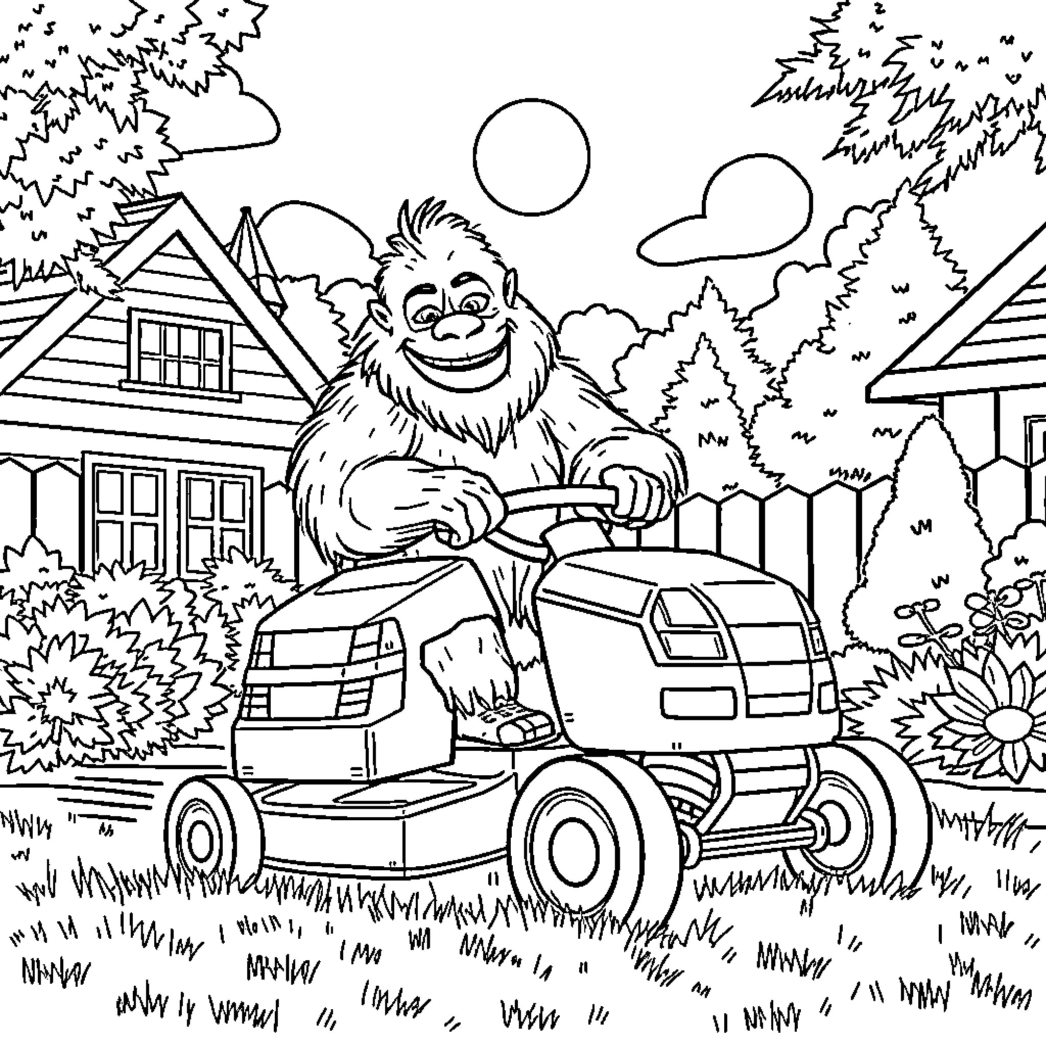Sasquatch driving a lawn mower through the neighborhood Coloring Page (free black-and-white line drawing printable PDF for all, from beginners to advanced learners, including children, teens, adults, and seniors)