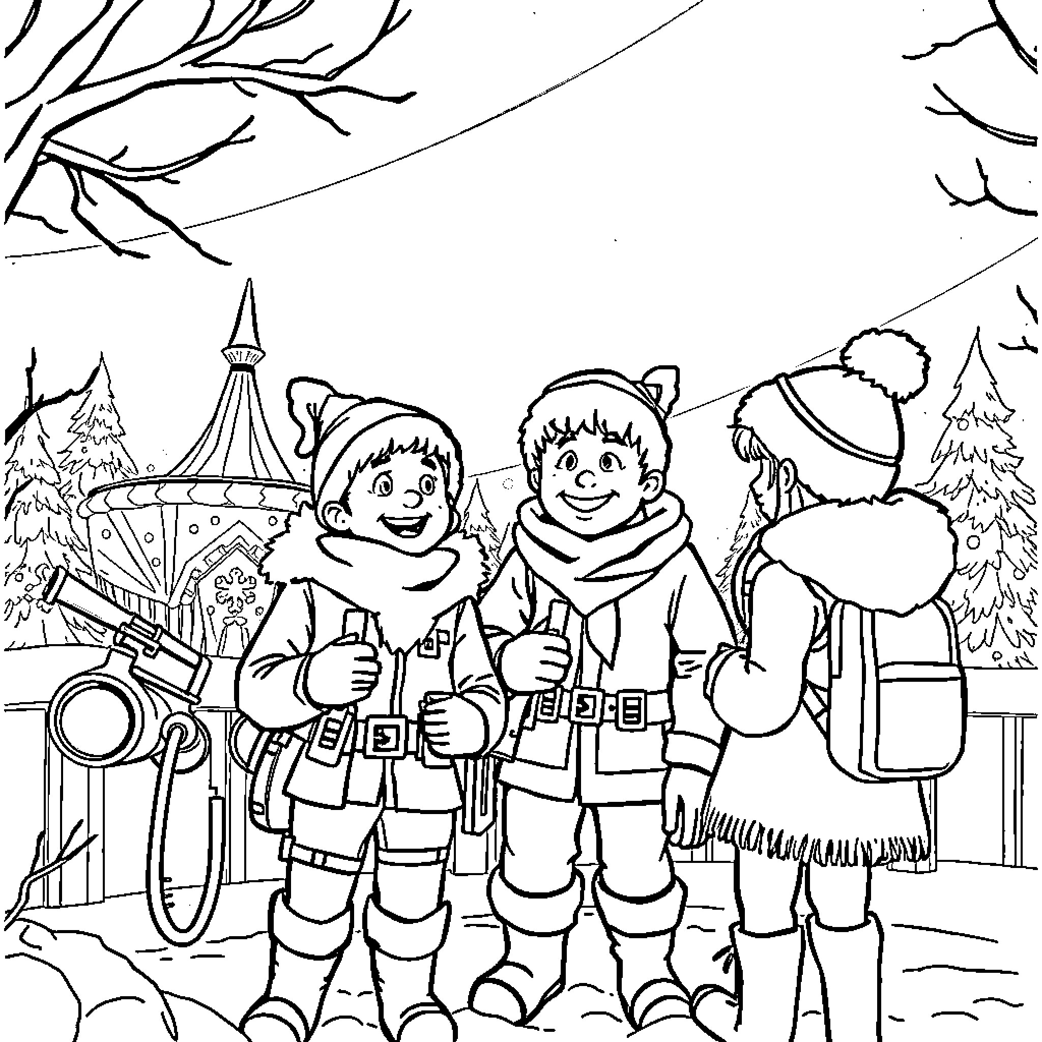 Renne's Winter Adventure with Friends Coloring Page (free black-and-white line drawing printable PDF for all, from beginners to advanced learners, including children, teens, adults, and seniors)