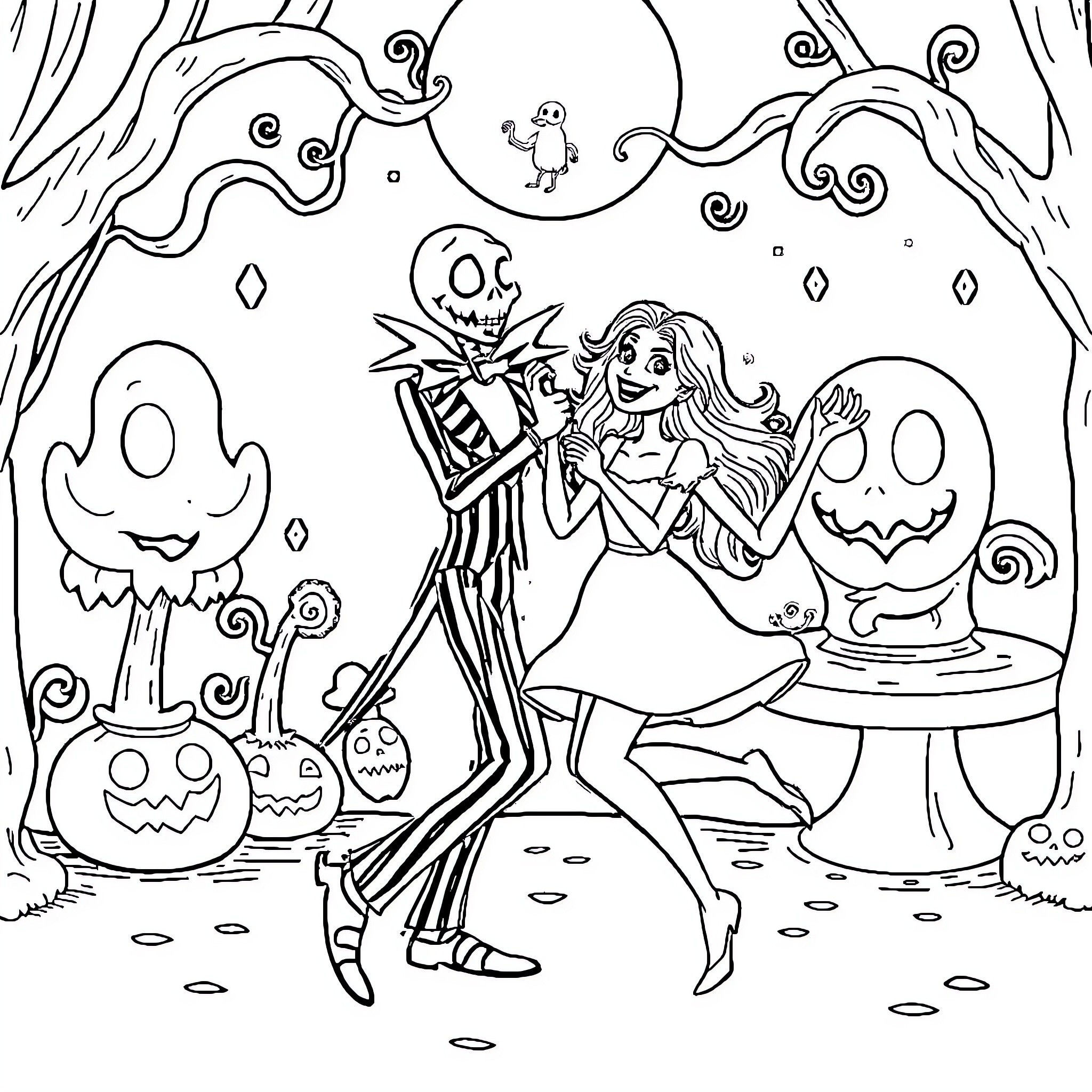 Beetlejuice's Halloween dance with the lady in the forest Coloring Page (free black-and-white line drawing printable PDF for all, from beginners to advanced learners, including children, teens, adults, and seniors)