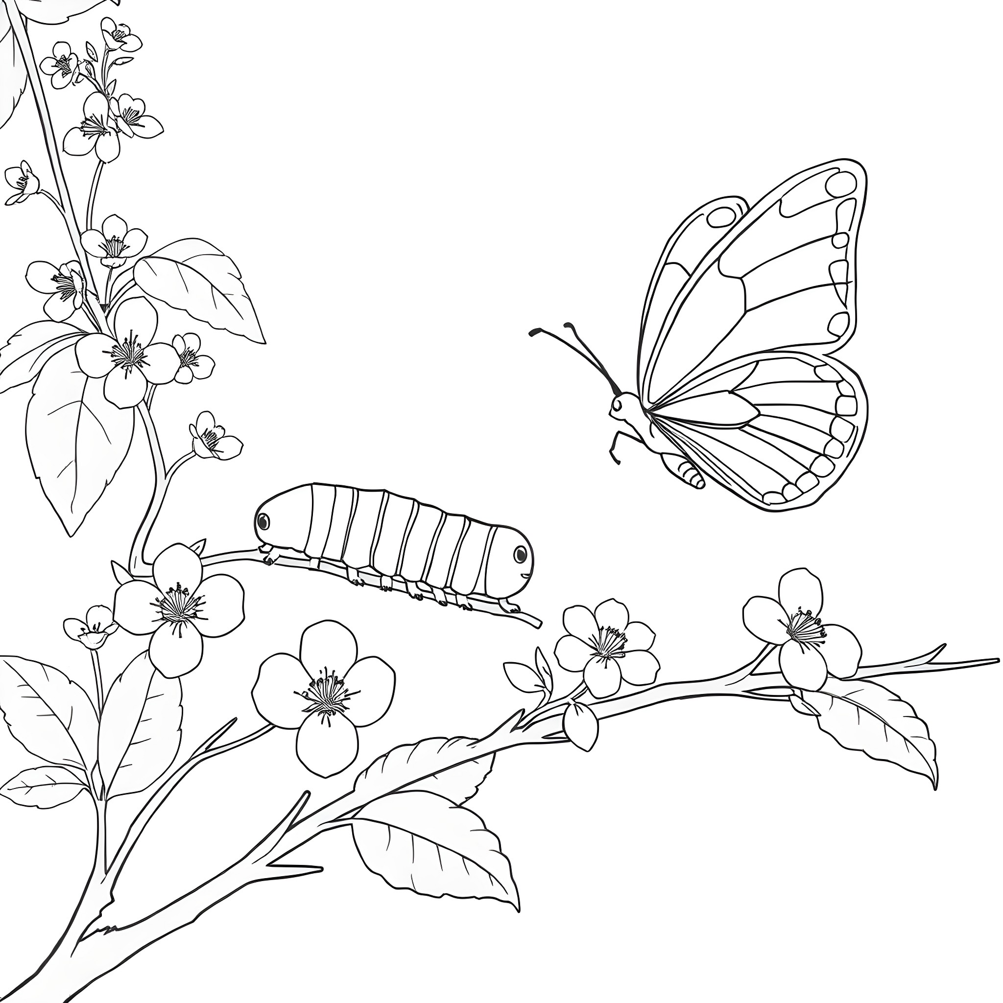 Caterpillar, butterfly, and blossoms in nature Coloring Page (free black-and-white line drawing printable PDF for all, from beginners to advanced learners, including children, teens, adults, and seniors)