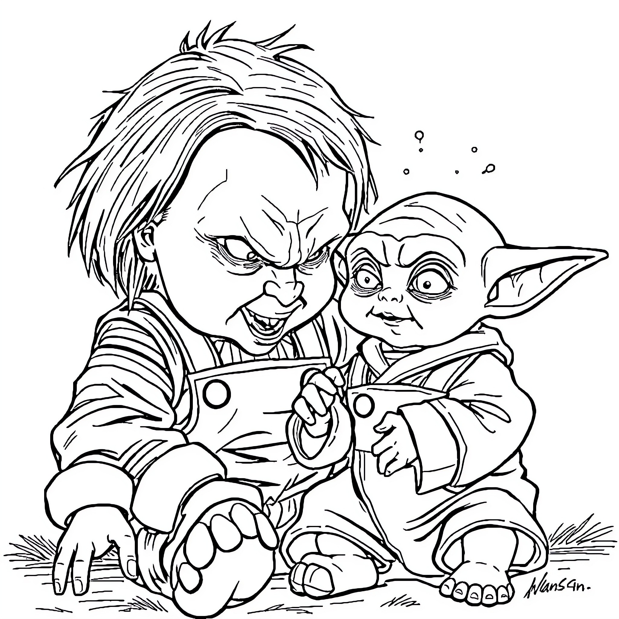 Chucky's Mischievous Adventure with Demonic Companion Coloring Page (free black-and-white line drawing printable PDF for all, from beginners to advanced learners, including children, teens, adults, and seniors)