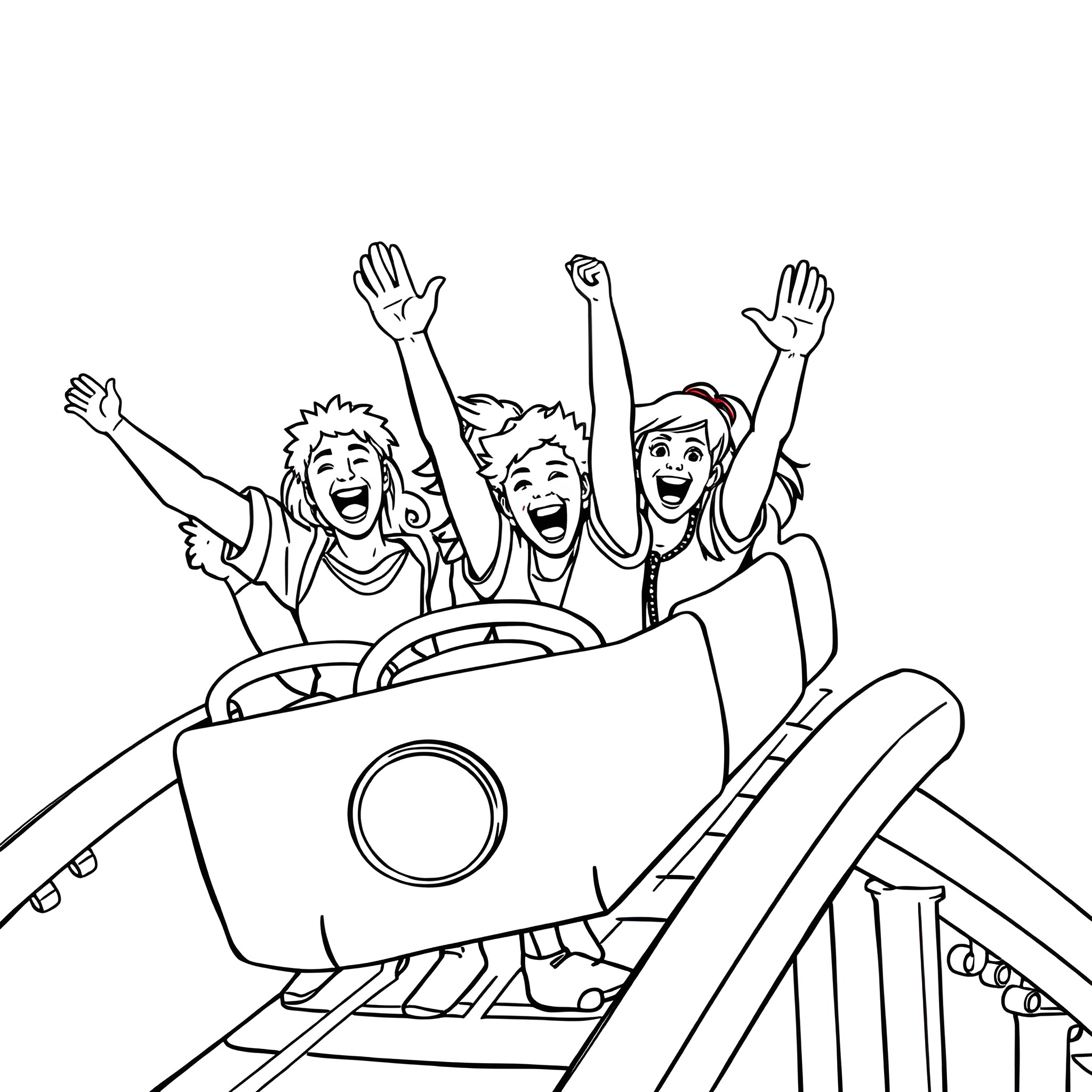 Rollercoaster thrill ride with excited passengers Coloring Page (free black-and-white line drawing printable PDF for all, from beginners to advanced learners, including children, teens, adults, and seniors)