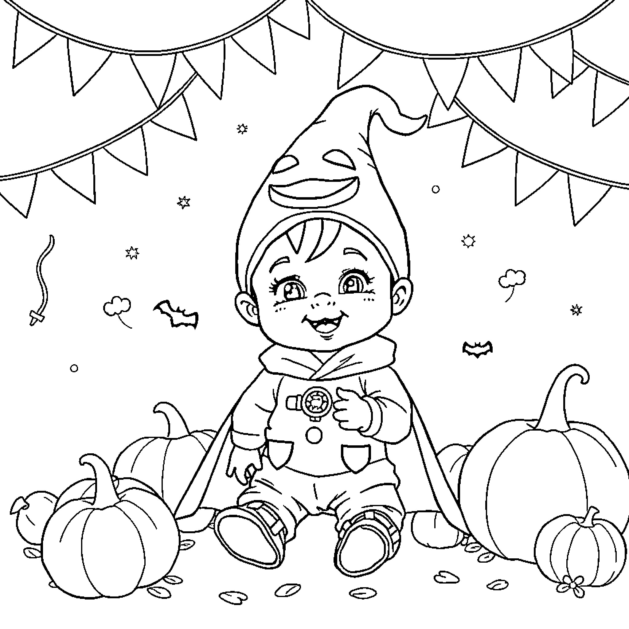 Halloween Gnome Celebrating with Pumpkins Coloring Page (free black-and-white line drawing printable PDF for all, from beginners to advanced learners, including children, teens, adults, and seniors)