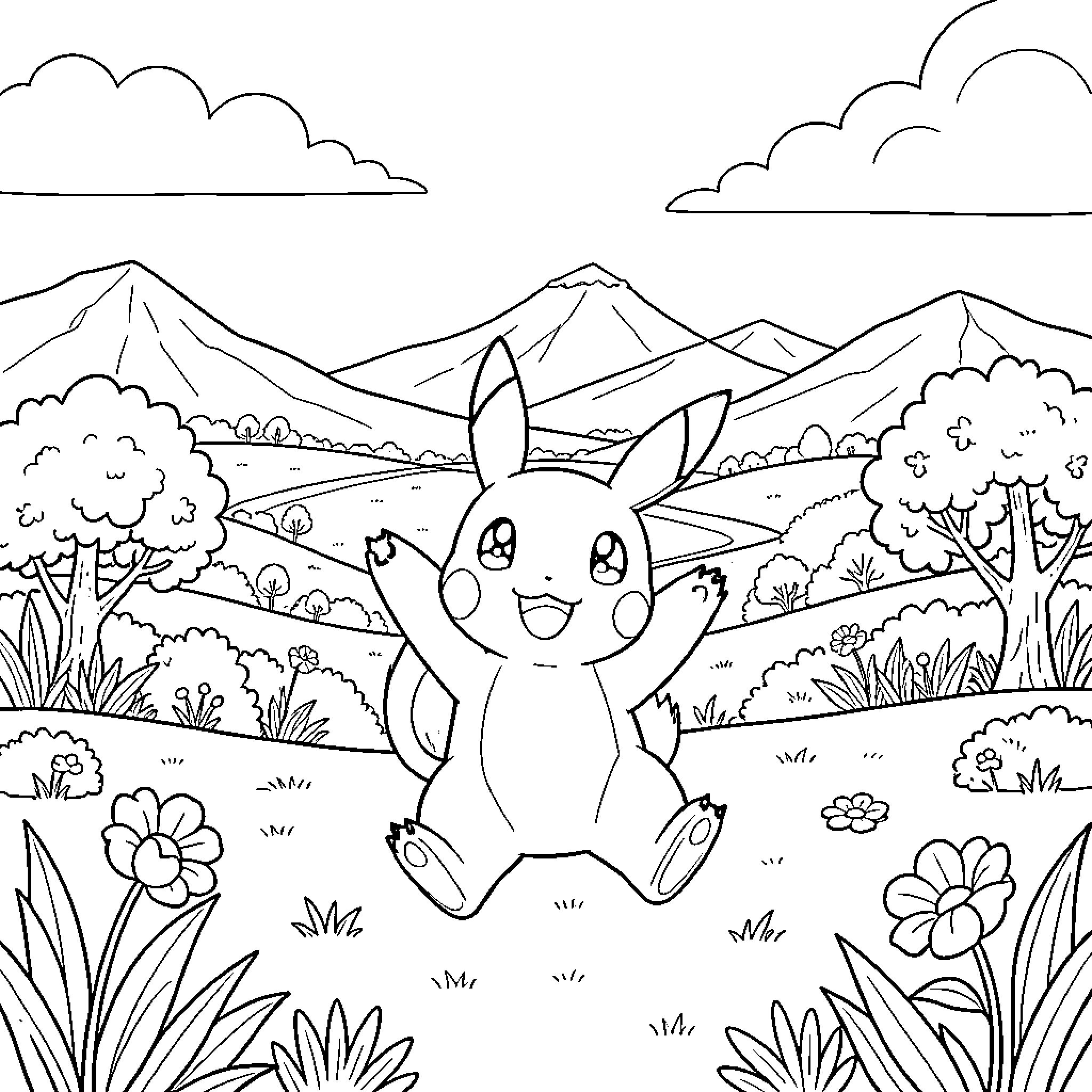 Pokémon character in a scenic outdoor landscape Coloring Page (free black-and-white line drawing printable PDF for all, from beginners to advanced learners, including children, teens, adults, and seniors)