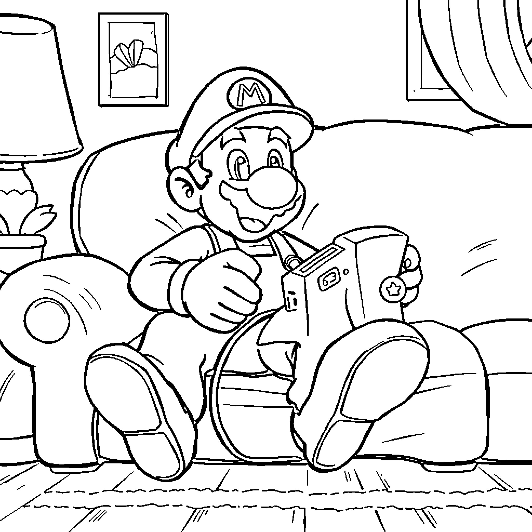Mario relaxing on the couch playing video games Coloring Page (free black-and-white line drawing printable PDF for all, from beginners to advanced learners, including children, teens, adults, and seniors)