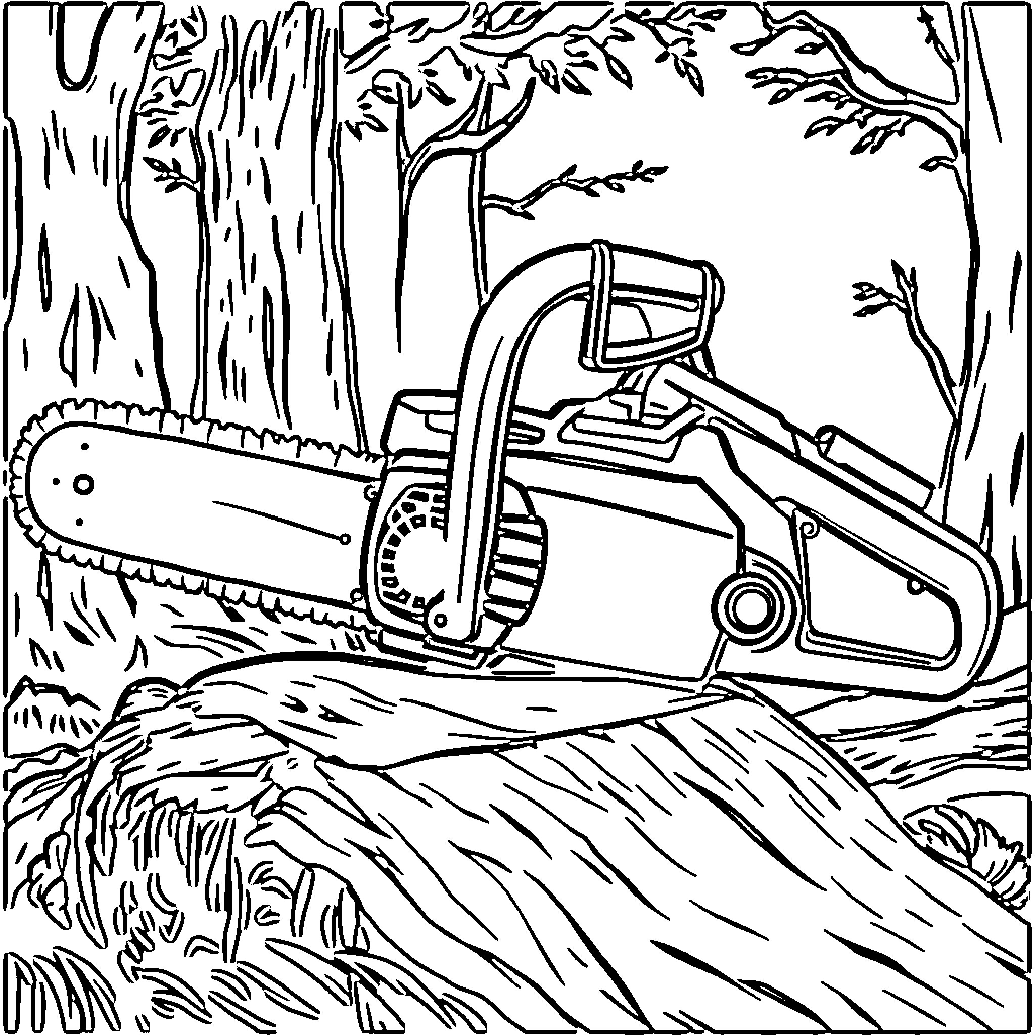 Chainsaw cutting through fallen tree in the forest Coloring Page (free black-and-white line drawing printable PDF for all, from beginners to advanced learners, including children, teens, adults, and seniors)
