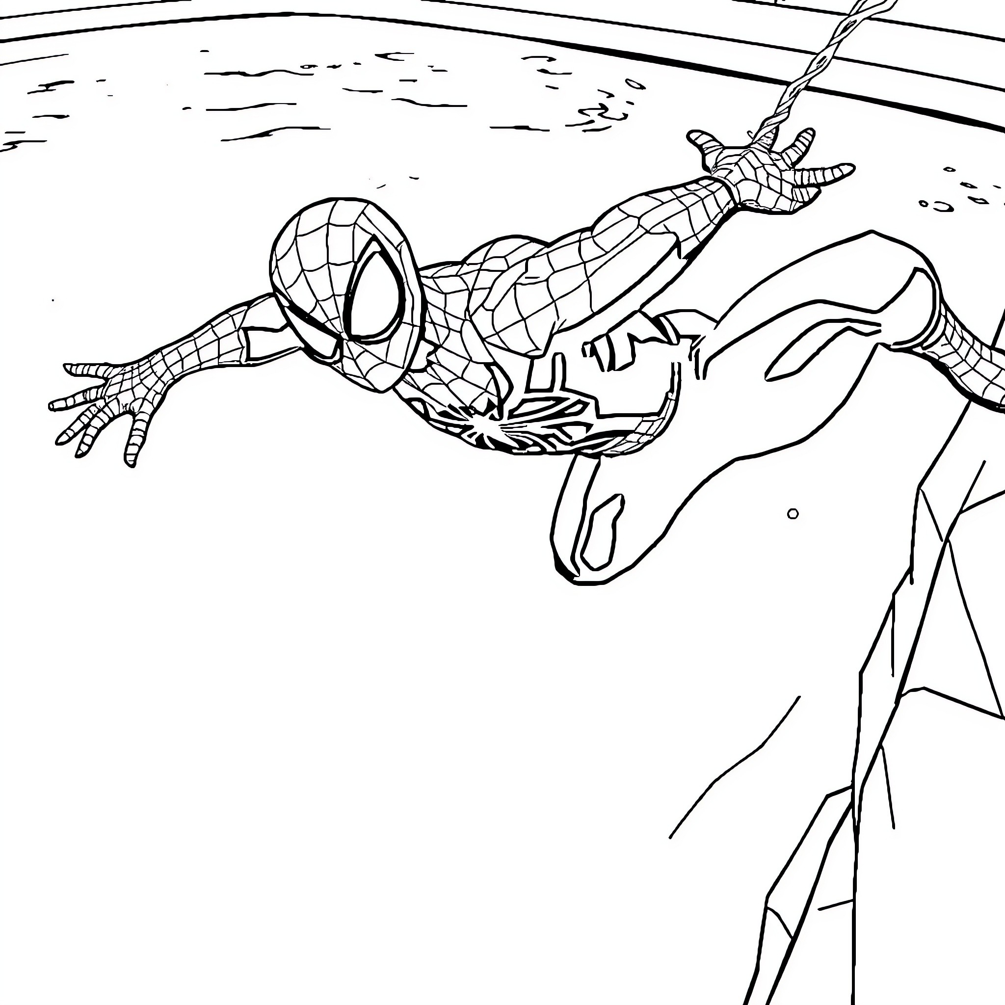 Spider-Man swinging through the city Coloring Page (free black-and-white line drawing printable PDF for all, from beginners to advanced learners, including children, teens, adults, and seniors)