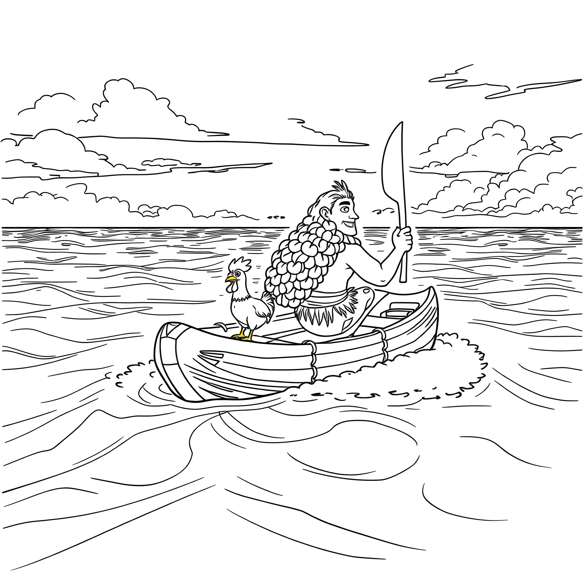 Moana paddling her boat on the ocean Coloring Page (free black-and-white line drawing printable PDF for all, from beginners to advanced learners, including children, teens, adults, and seniors)