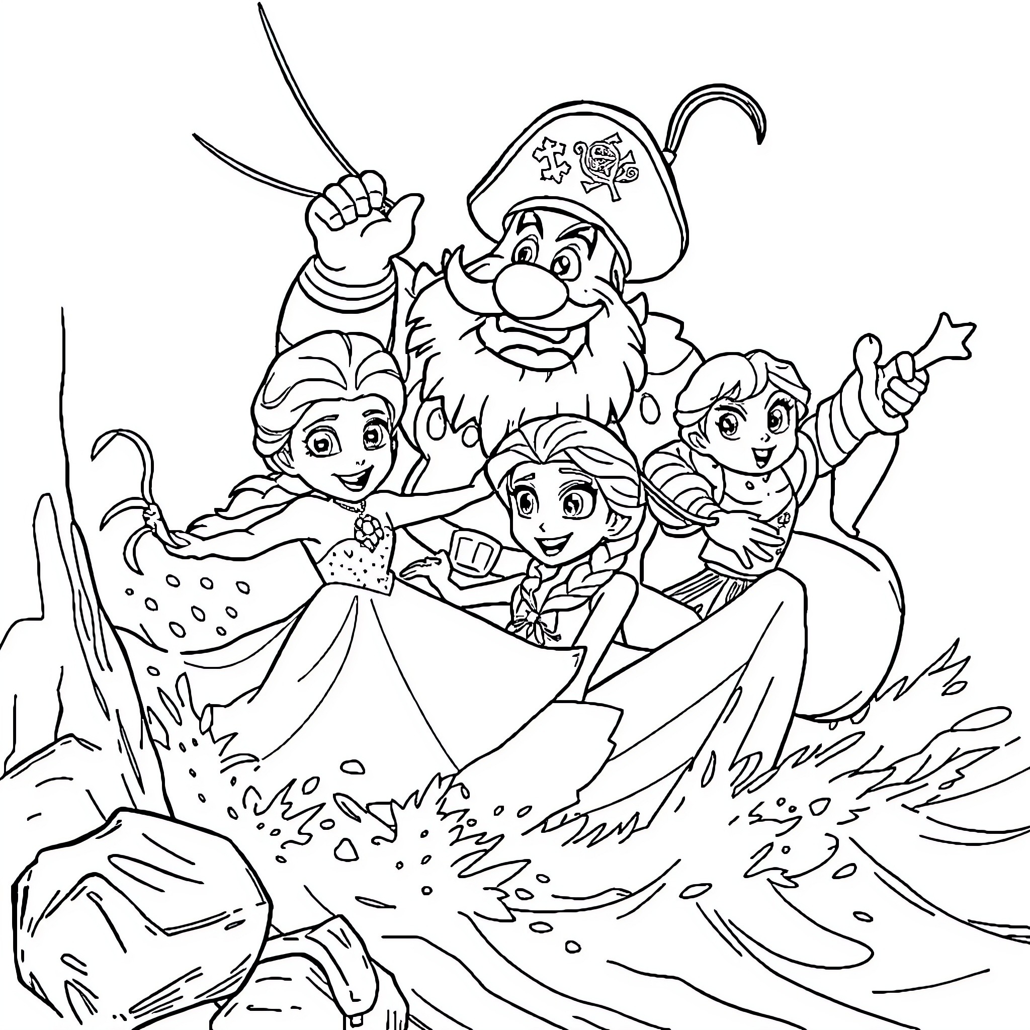 Captain Barnacle and Crew Embark on a Whimsical Adventure Coloring Page (free black-and-white line drawing printable PDF for all, from beginners to advanced learners, including children, teens, adults, and seniors)