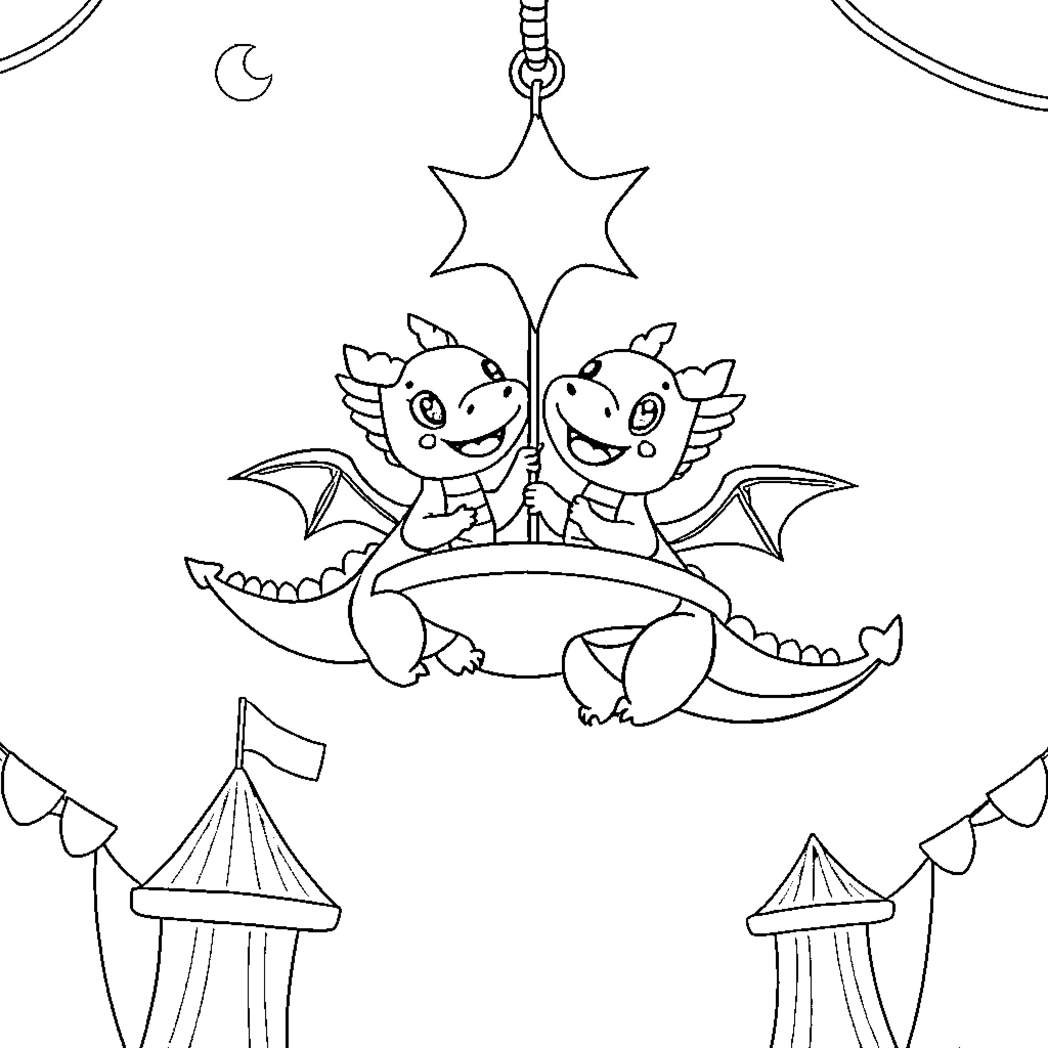 Dragon puppets performing on stage Coloring Page (free black-and-white line drawing printable PDF for all, from beginners to advanced learners, including children, teens, adults, and seniors)