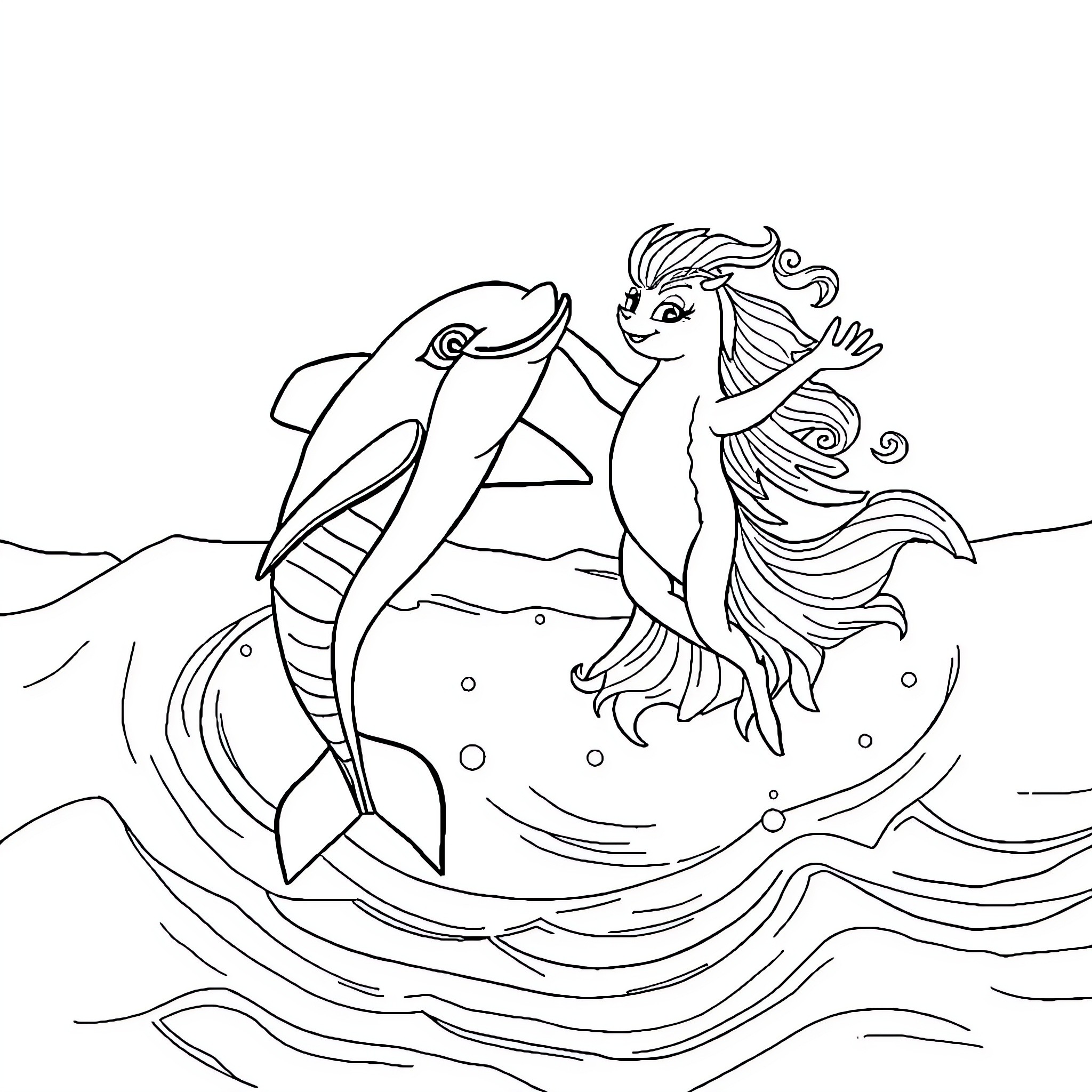 Atún mermaid and dolphin playing in the sea Coloring Page (free black-and-white line drawing printable PDF for all, from beginners to advanced learners, including children, teens, adults, and seniors)