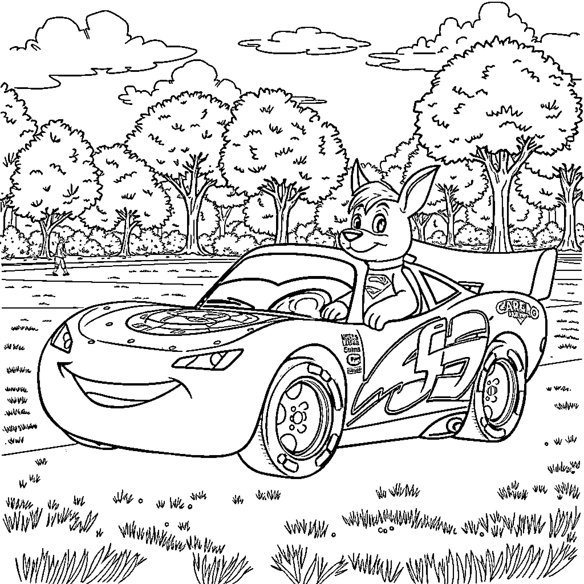 Lightning McQueen exploring the countryside Coloring Page (free black-and-white line drawing printable PDF for all, from beginners to advanced learners, including children, teens, adults, and seniors)